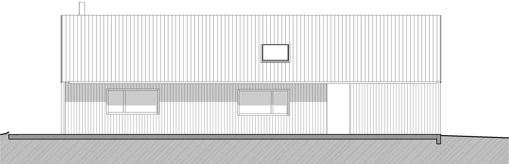 Elevation drawing showing the opposite facade with vertical siding and two horizontal window bands beneath a skylight
