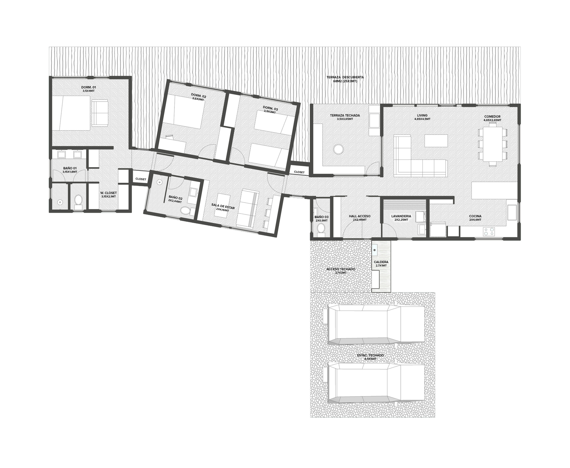 Floor plan drawing showing an angled linear arrangement of rooms with covered terraces at one end