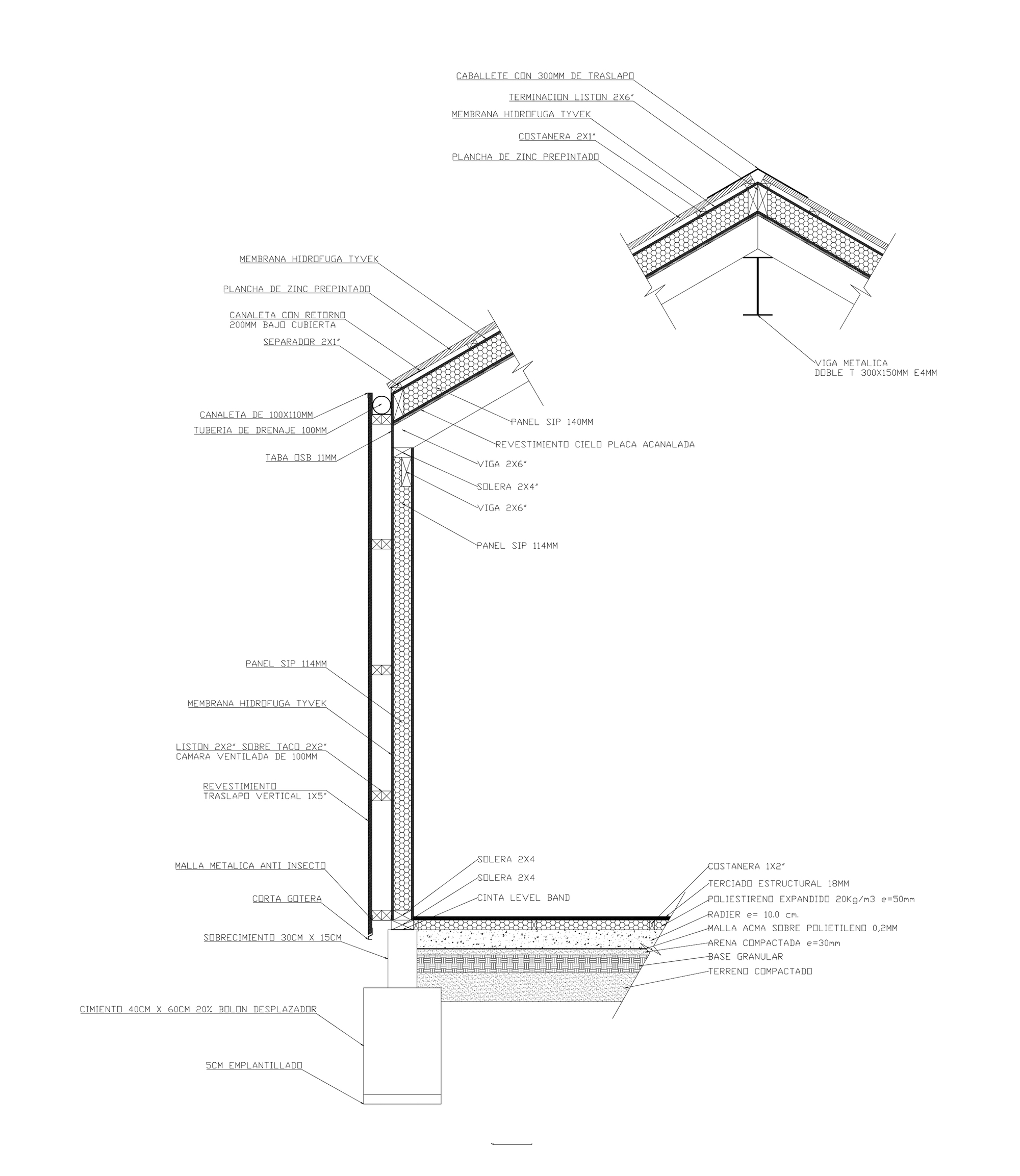 Section detail drawing showing wall and roof assembly with insulation layers, waterproofing membrane and foundation connection