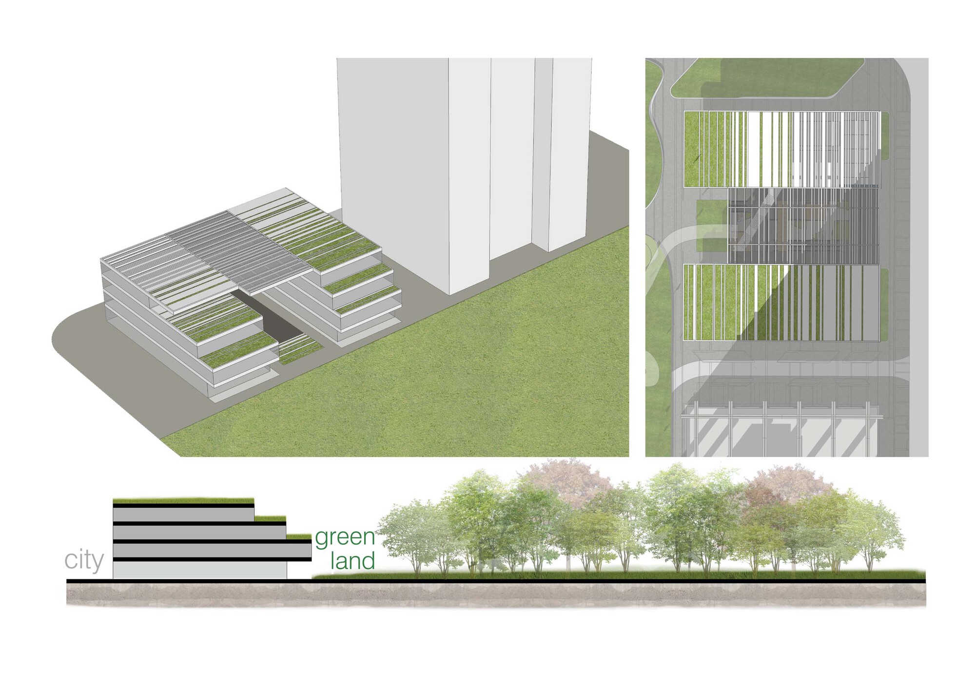 Axonometric and elevation drawings illustrating the terraced roof planes with integrated green roofs and tree rows