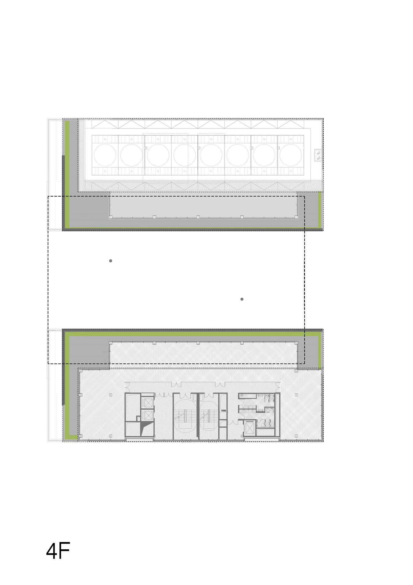 Floor plan depicting upper level with rooftop terrace featuring circular elements and enclosed core spaces below