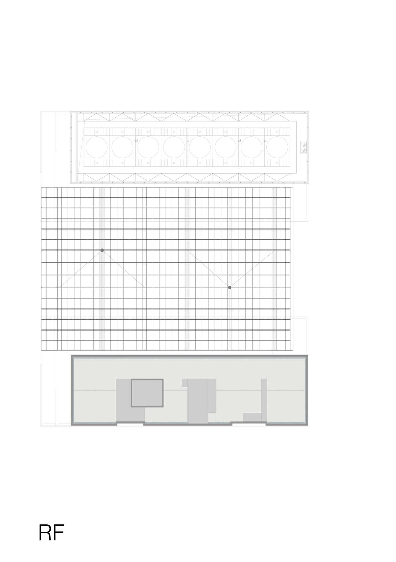 Roof plan showing grid of circular mechanical units and ventilation strip along one edge
