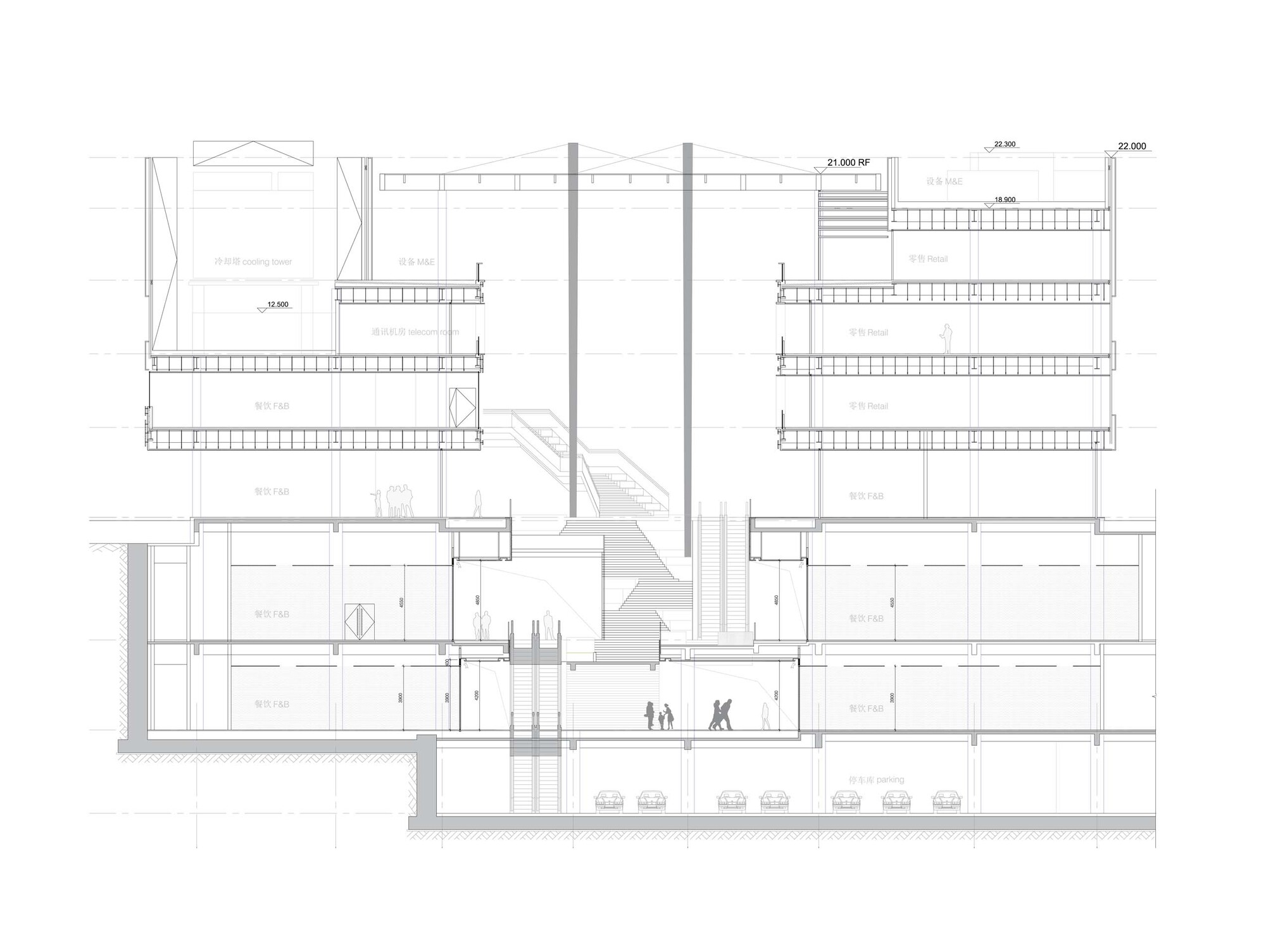 Section drawing showing stacked floor plates with central atrium and figures at ground level