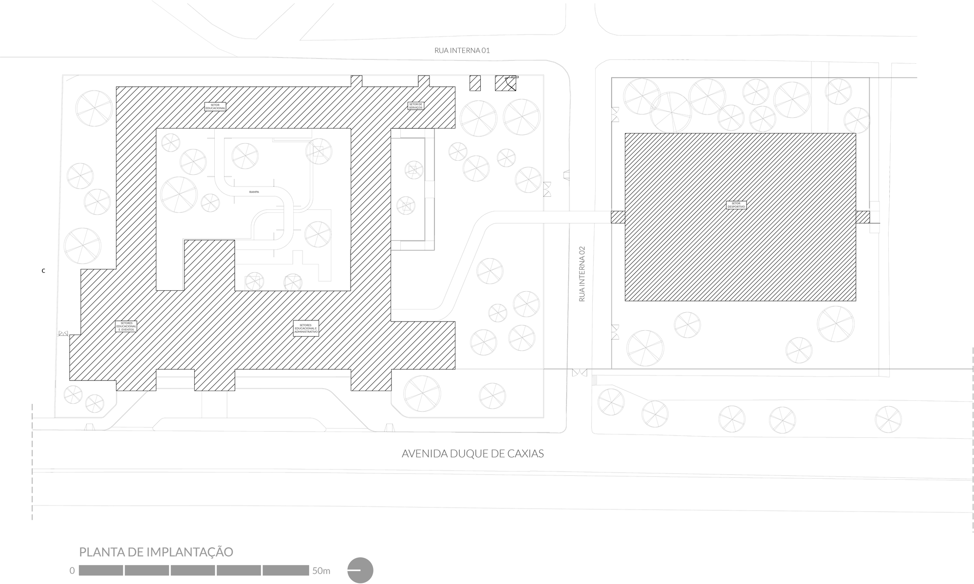 Site plan drawing showing two buildings with hatched footprints surrounded by circular tree symbols