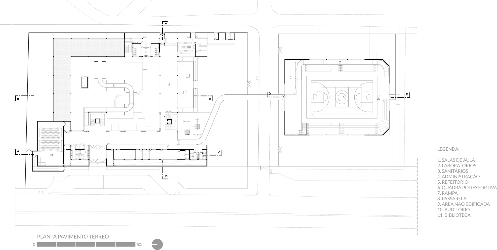 Ground floor plan drawing showing classroom layouts adjacent to an outdoor sports court