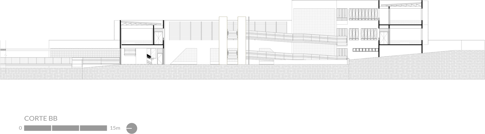 Section drawing BB revealing tiered seating or bleachers within a double-height volume