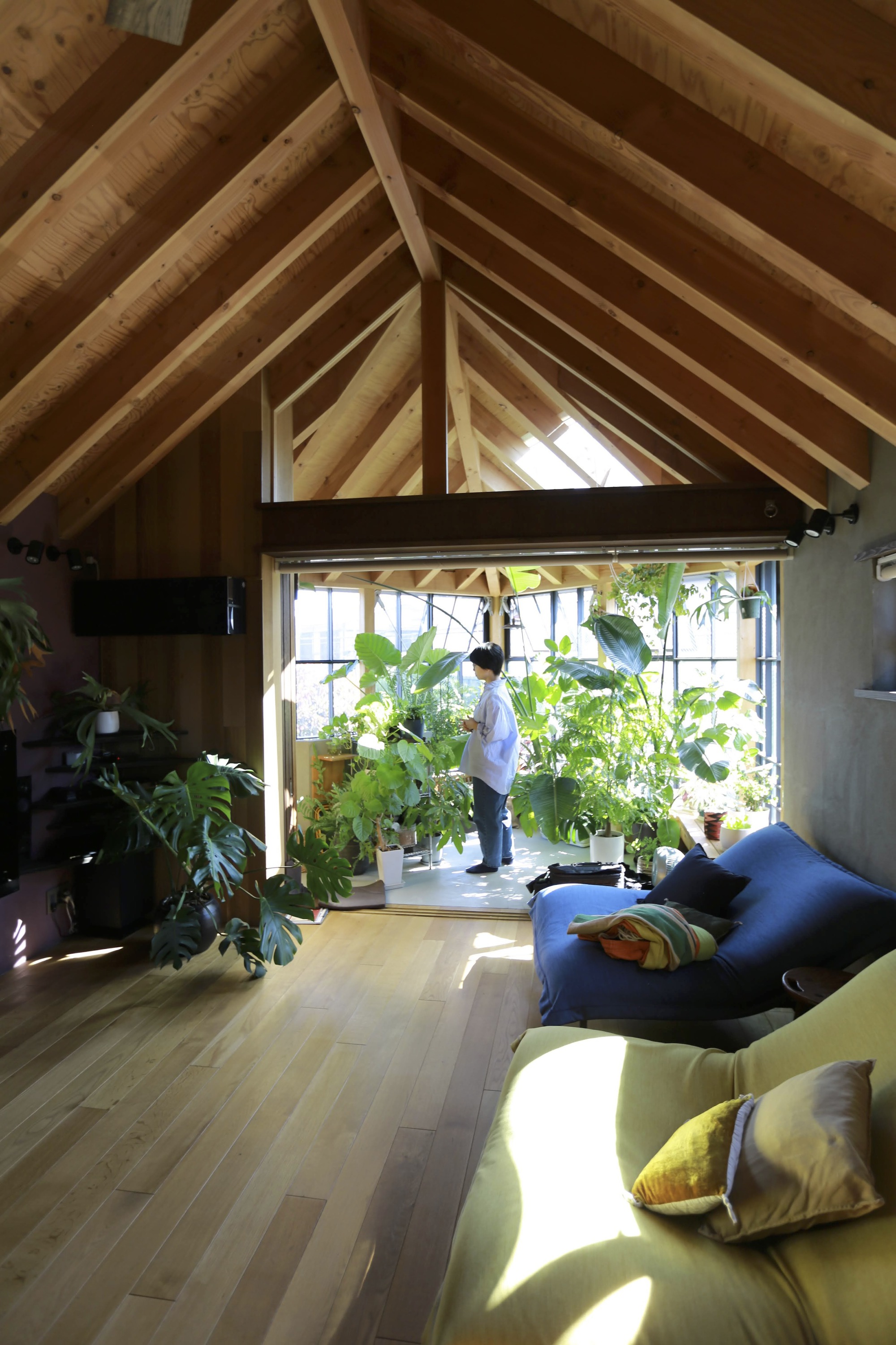 View through the living area toward the glazed sunroom where a person tends to potted plants