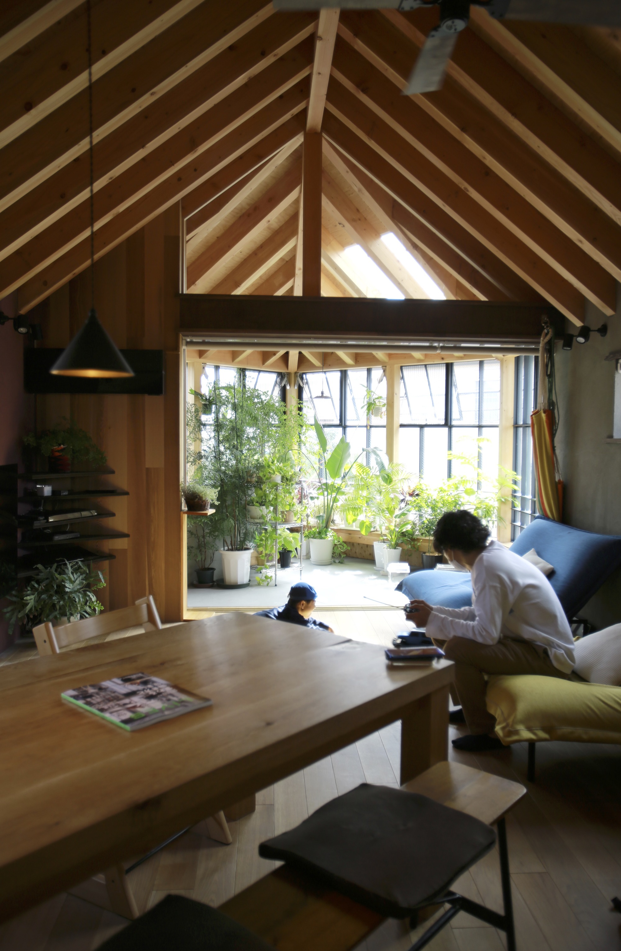 Living room with exposed timber rafters and a person reading on a sofa beside potted plants