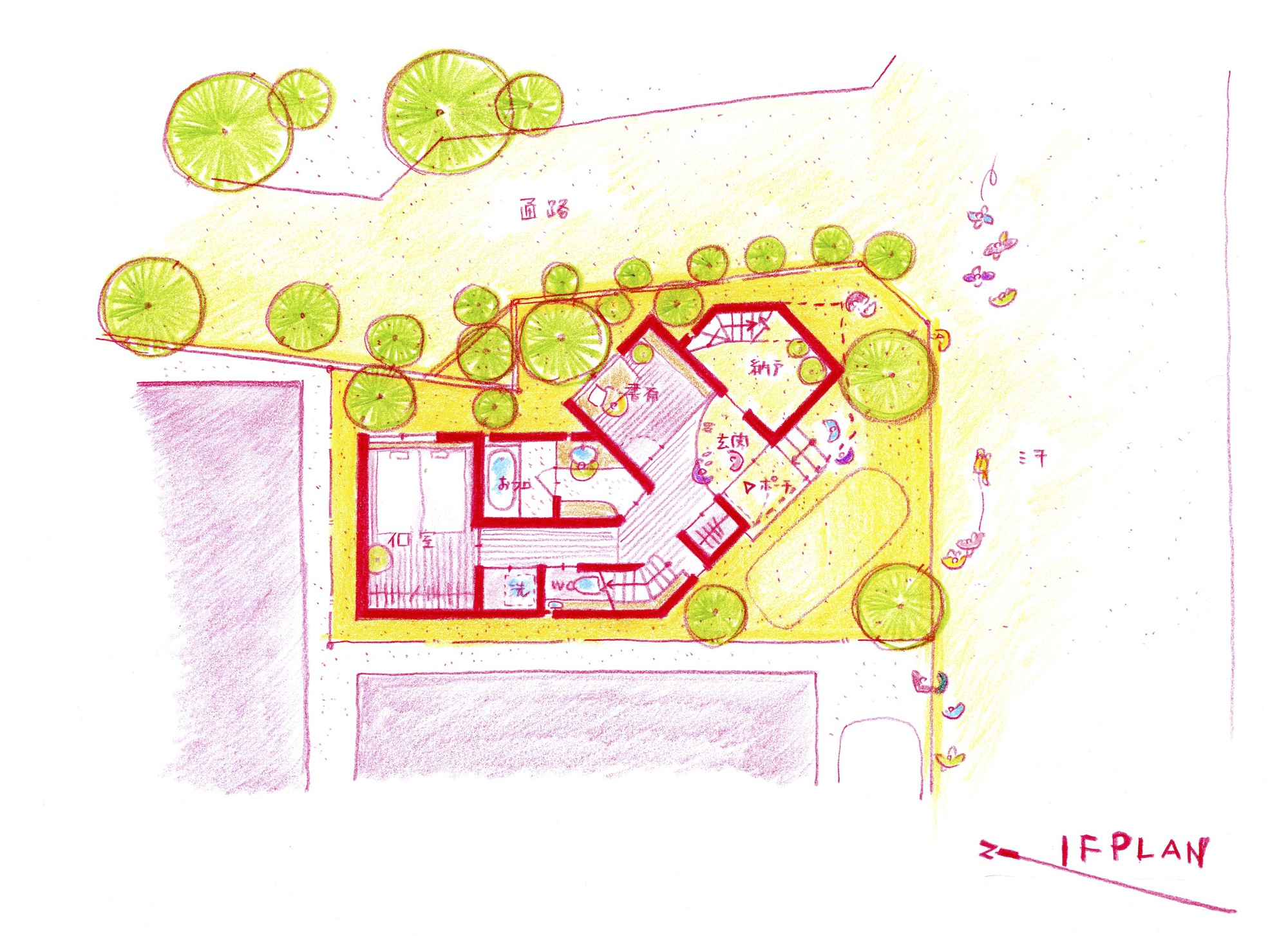 Hand-colored floor plan drawing showing angular layout with surrounding trees and landscape elements