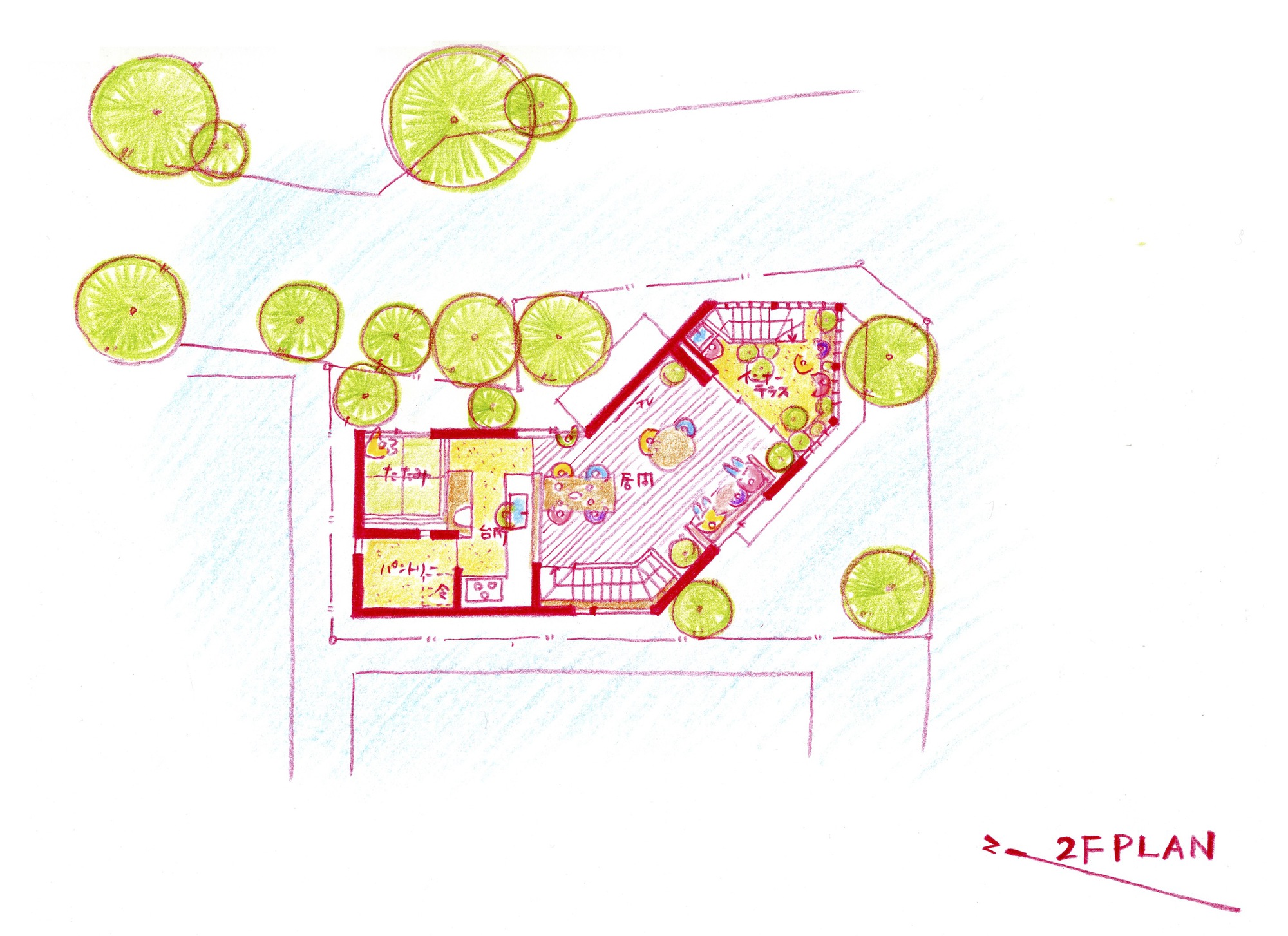 Hand-colored upper floor plan drawing showing open living space with terrace and tree canopy symbols