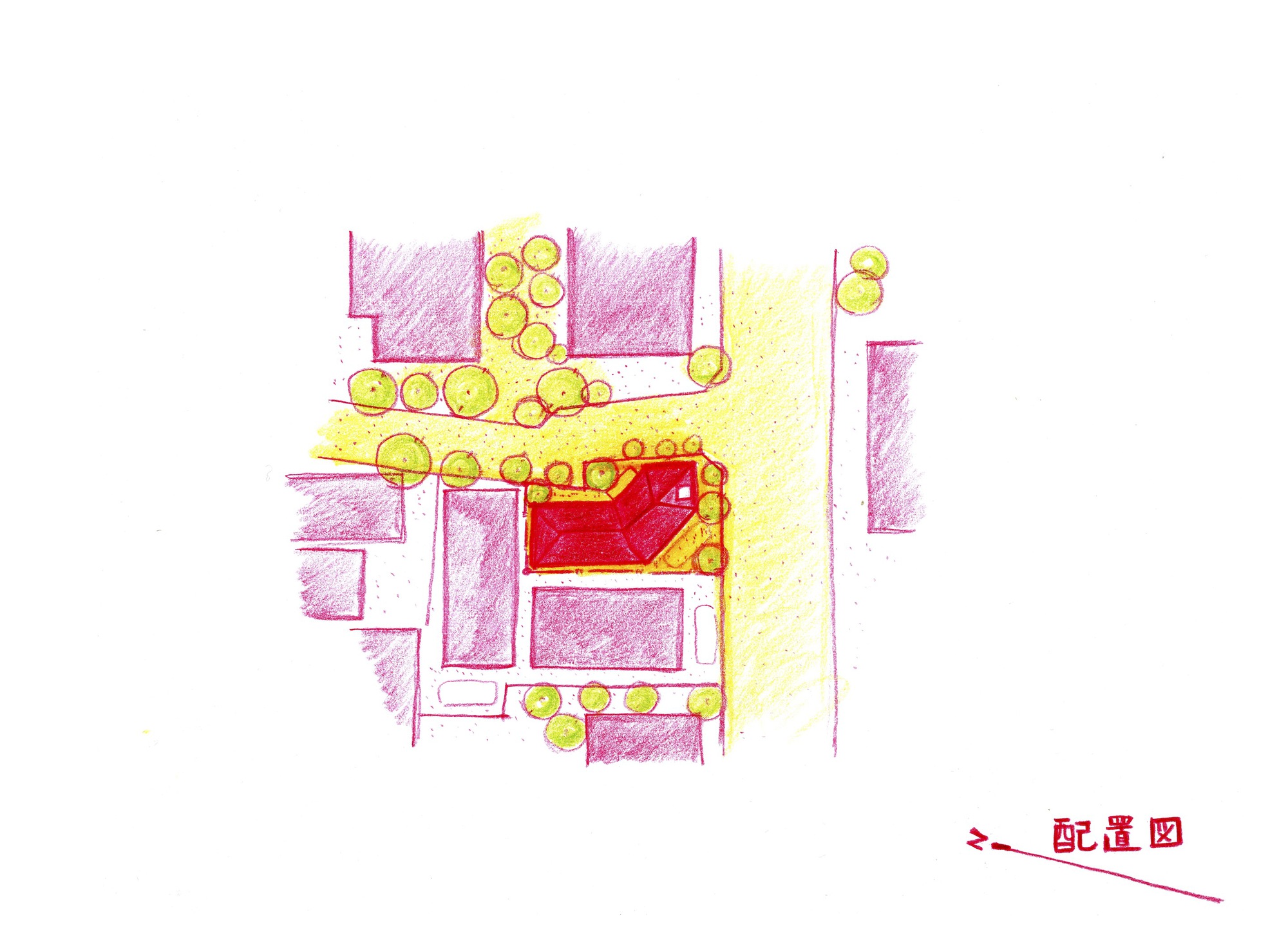 Site plan drawing showing building footprint in red surrounded by adjacent structures and landscaping