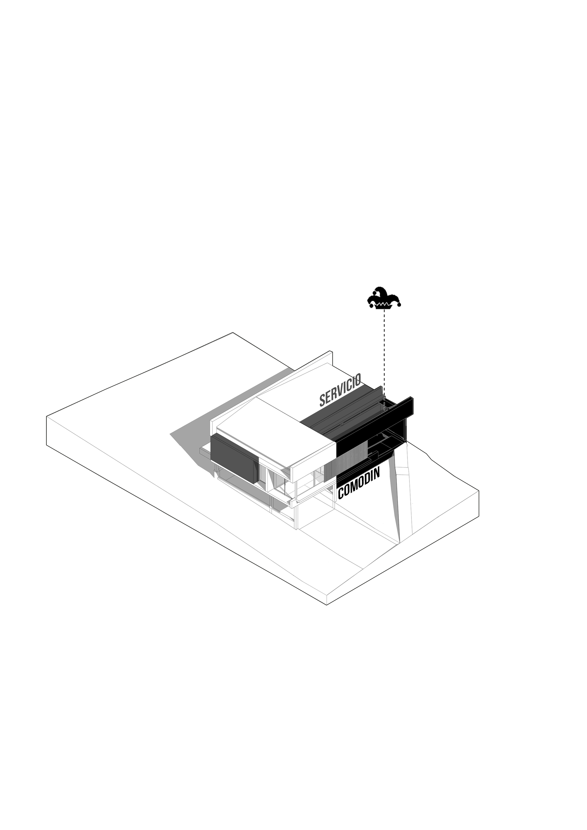 Axonometric diagram illustrating the relationship between service and circulation zones within the building volume
