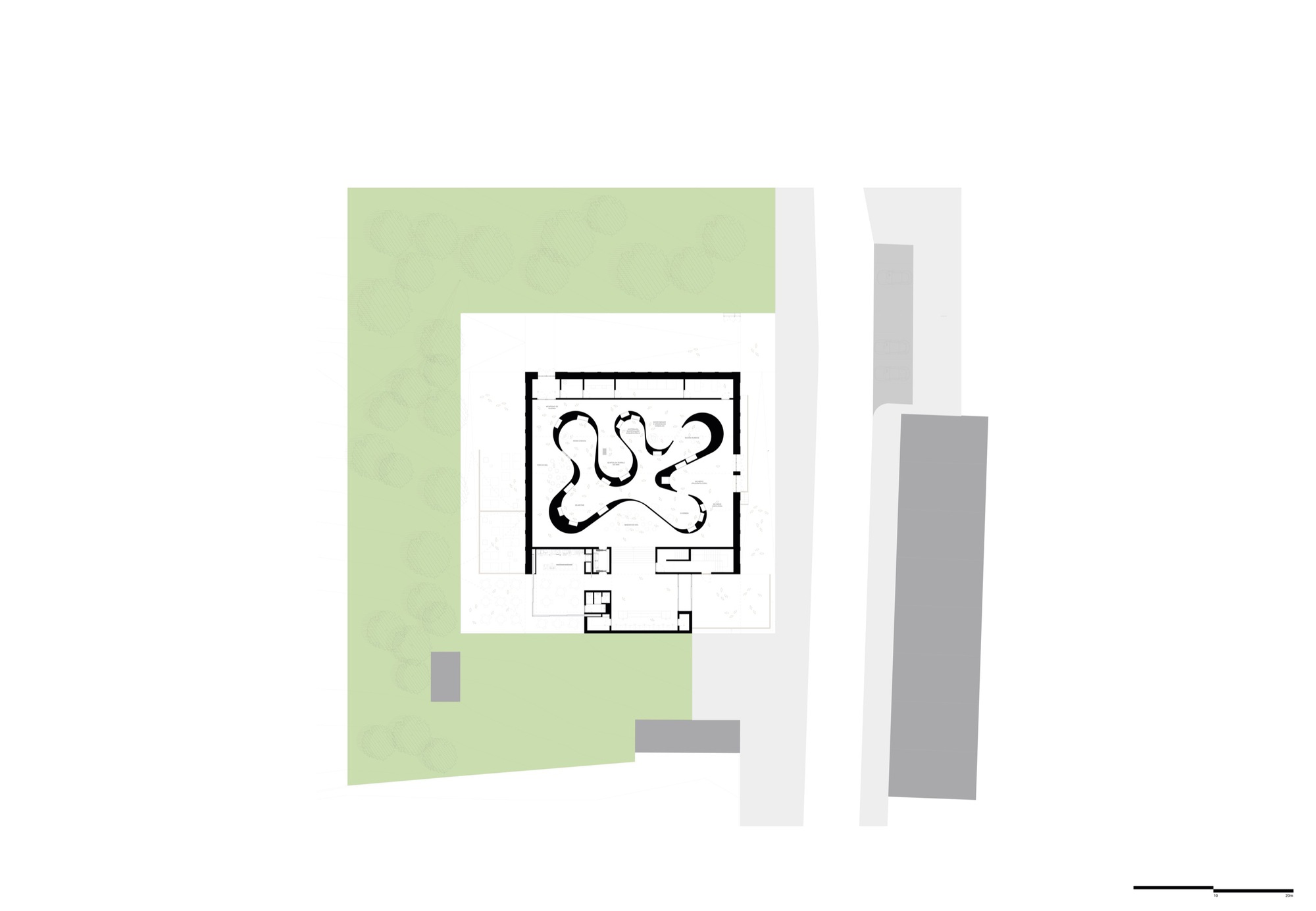 Ground floor plan drawing showing curving interior volumes within a square footprint surrounded by green space
