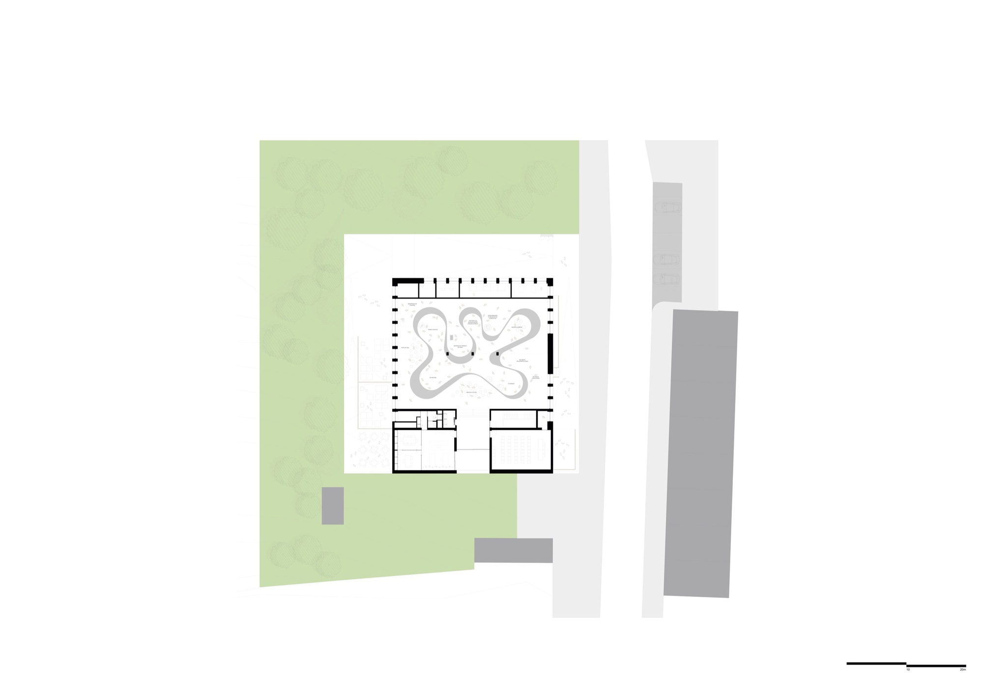 First floor plan drawing showing organic forms above rectangular ground level rooms with perimeter colonnade