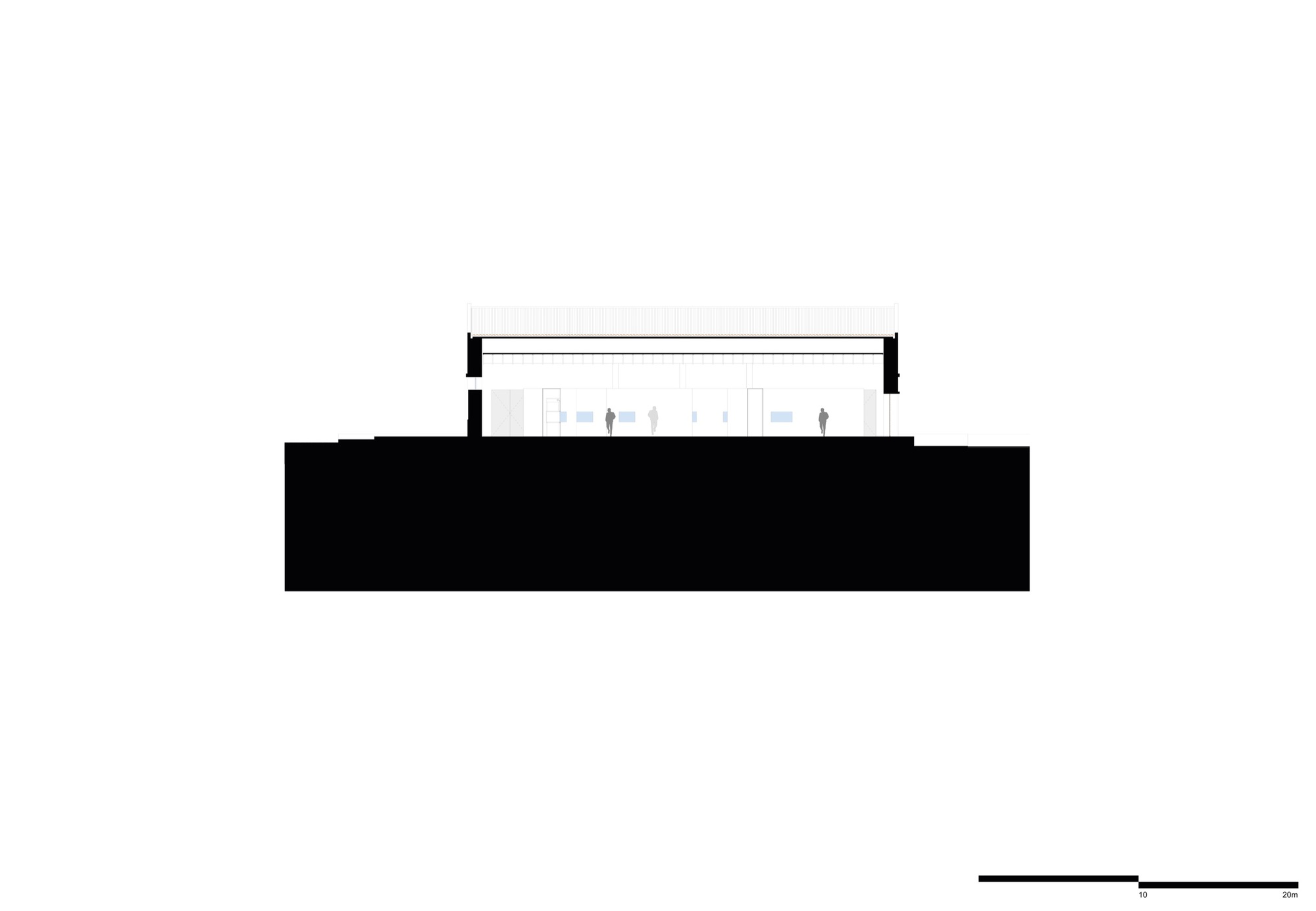 Section drawing cutting through a single-story gallery space with figures distributed across the interior