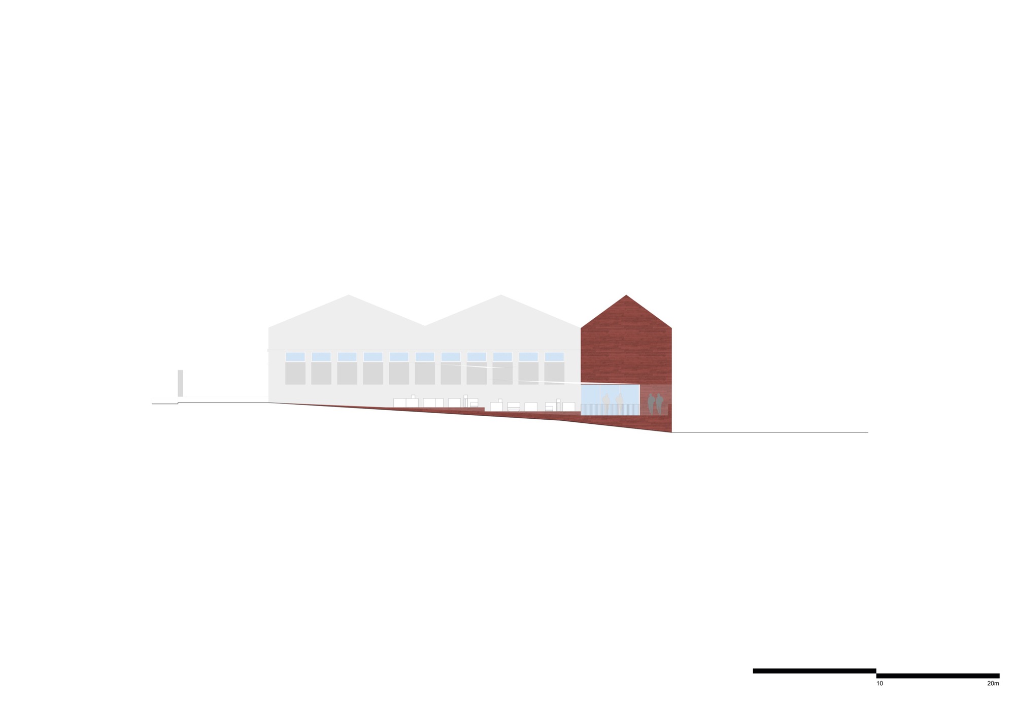 Elevation drawing showing a dark red gabled volume adjacent to white warehouse structures with rhythmic fenestration