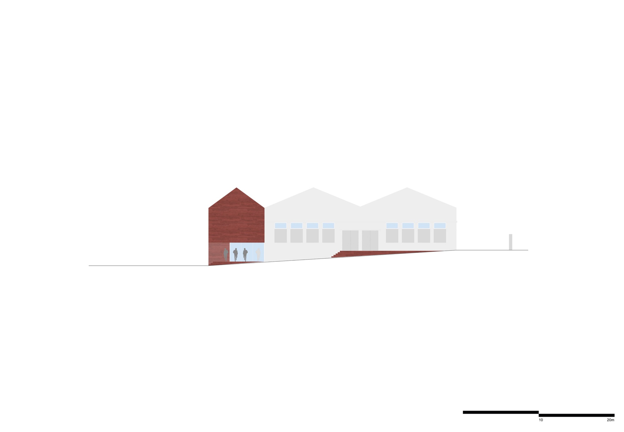 Elevation drawing of a dark red gabled volume with two figures flanking white warehouse buildings