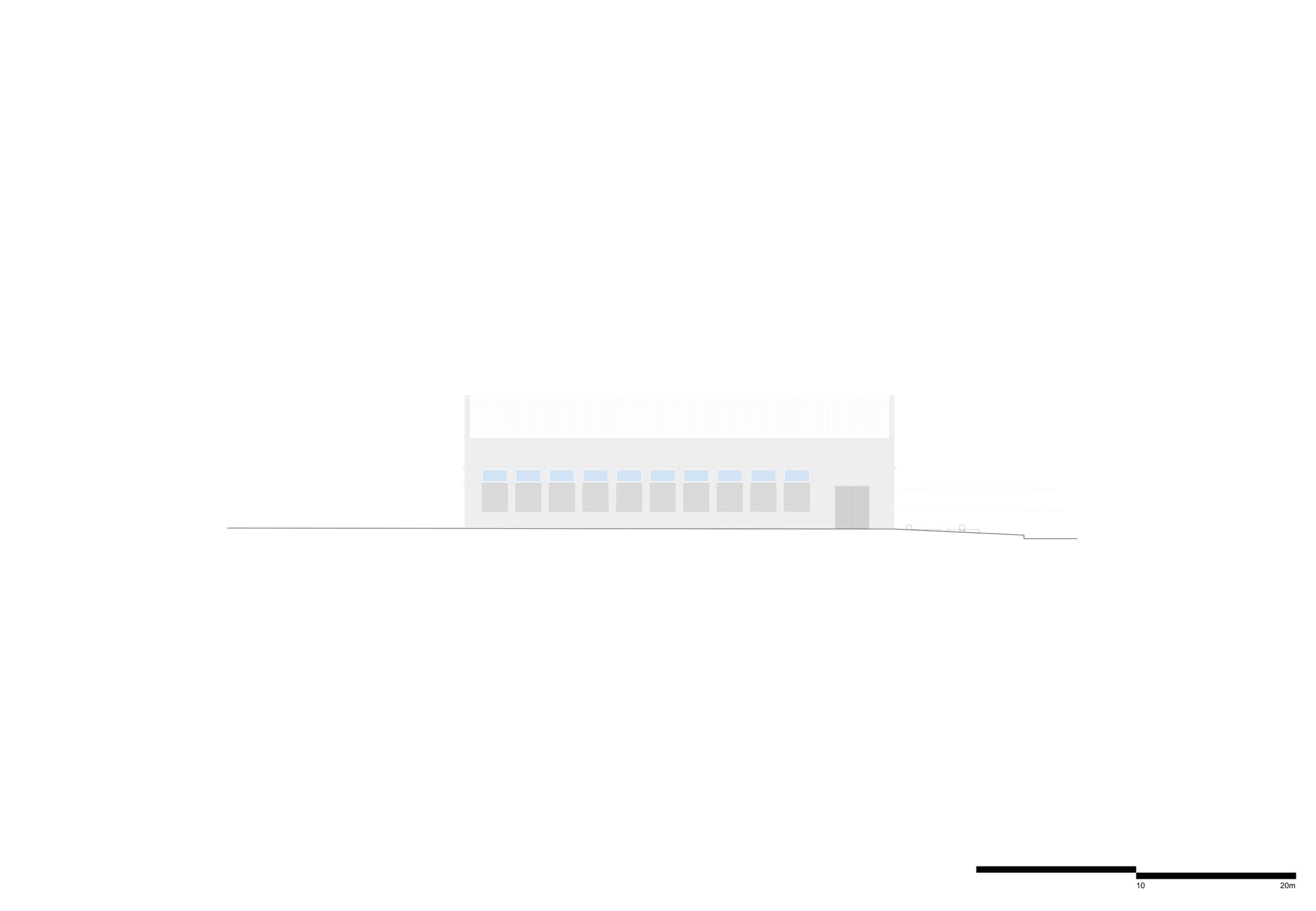 Elevation drawing of a low white volume with regular window openings and darker end element
