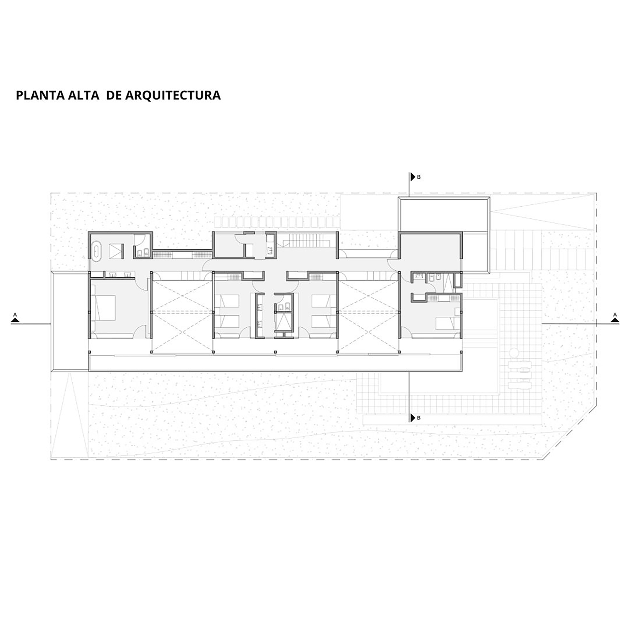 Upper floor plan drawing showing bedroom zones arranged along a linear corridor