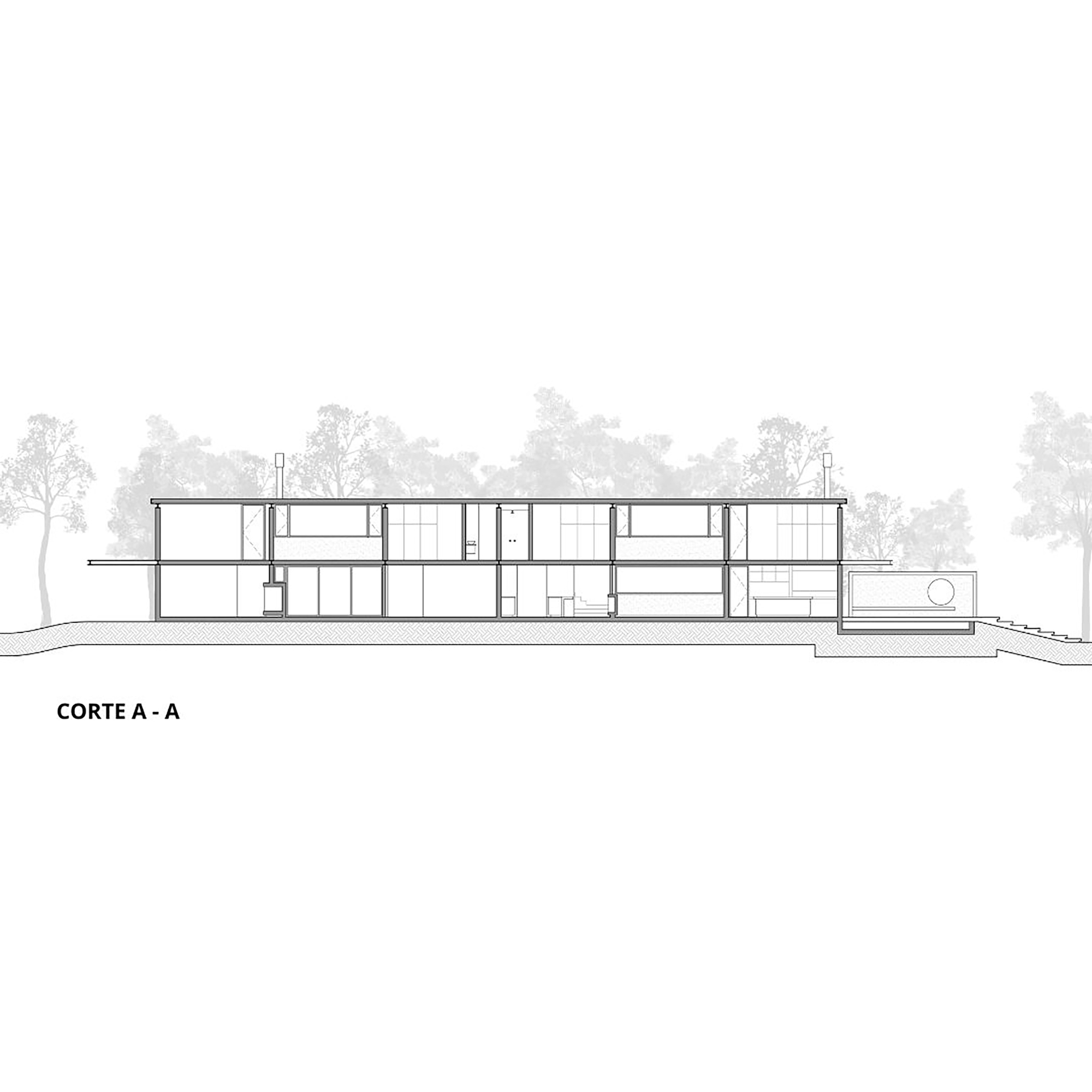 Section drawing showing a two-storey structure on sloping terrain with trees in the background
