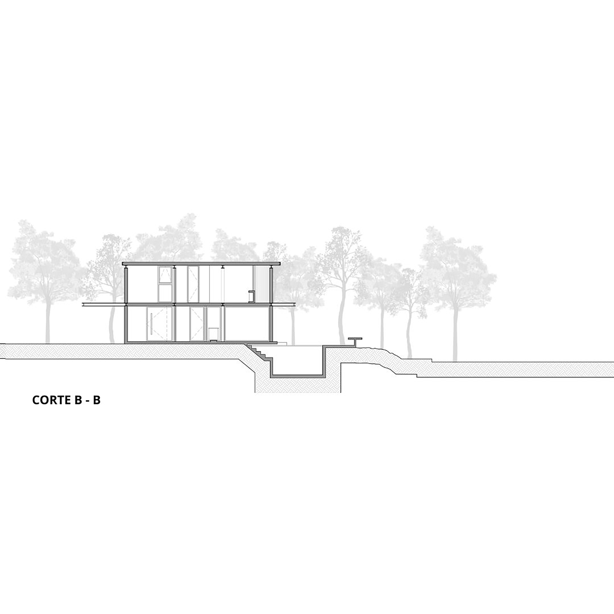 Section drawing showing a compact two-storey volume nestled into a hillside with surrounding trees