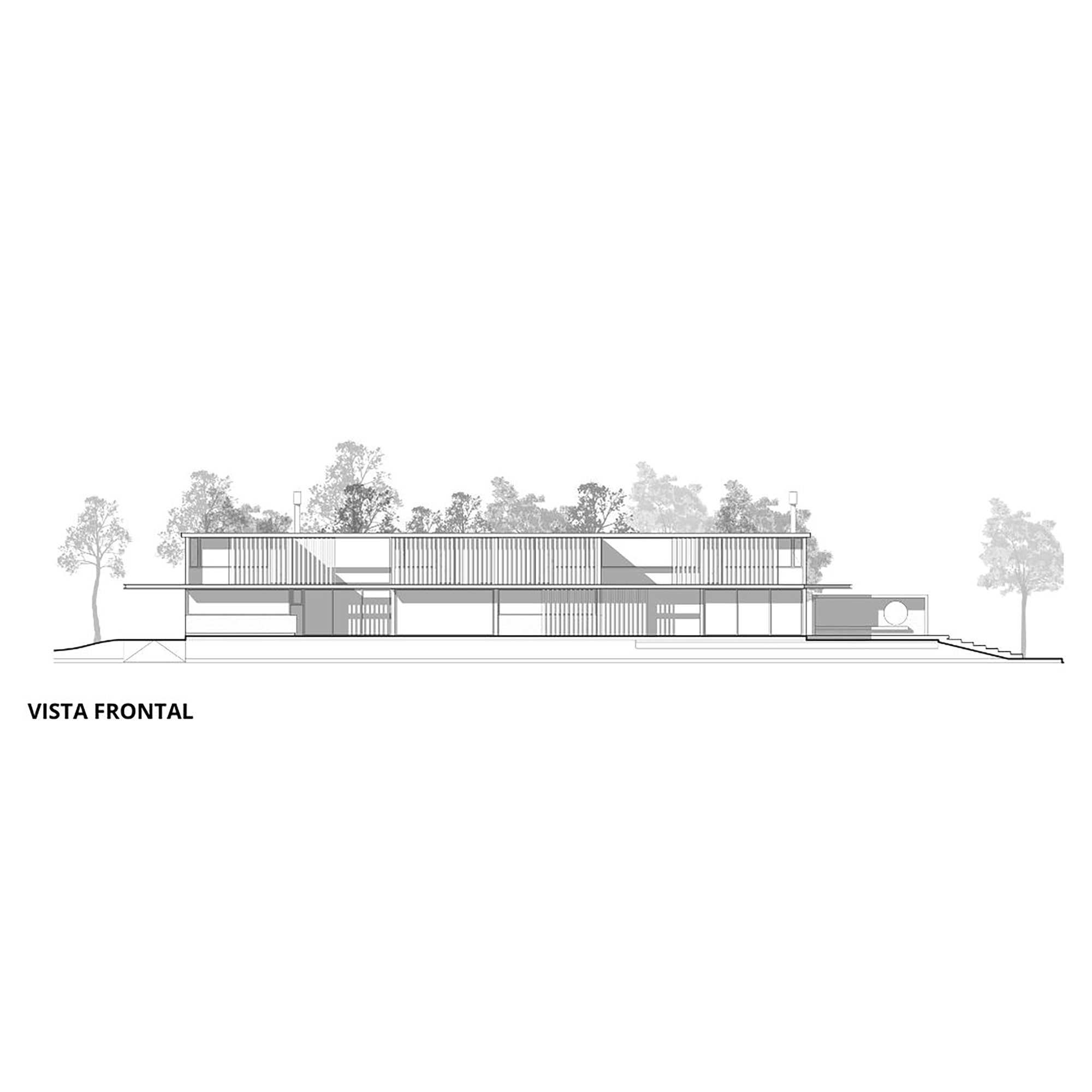 Front elevation drawing showing a horizontal two-story volume with vertical slat screens and surrounding trees