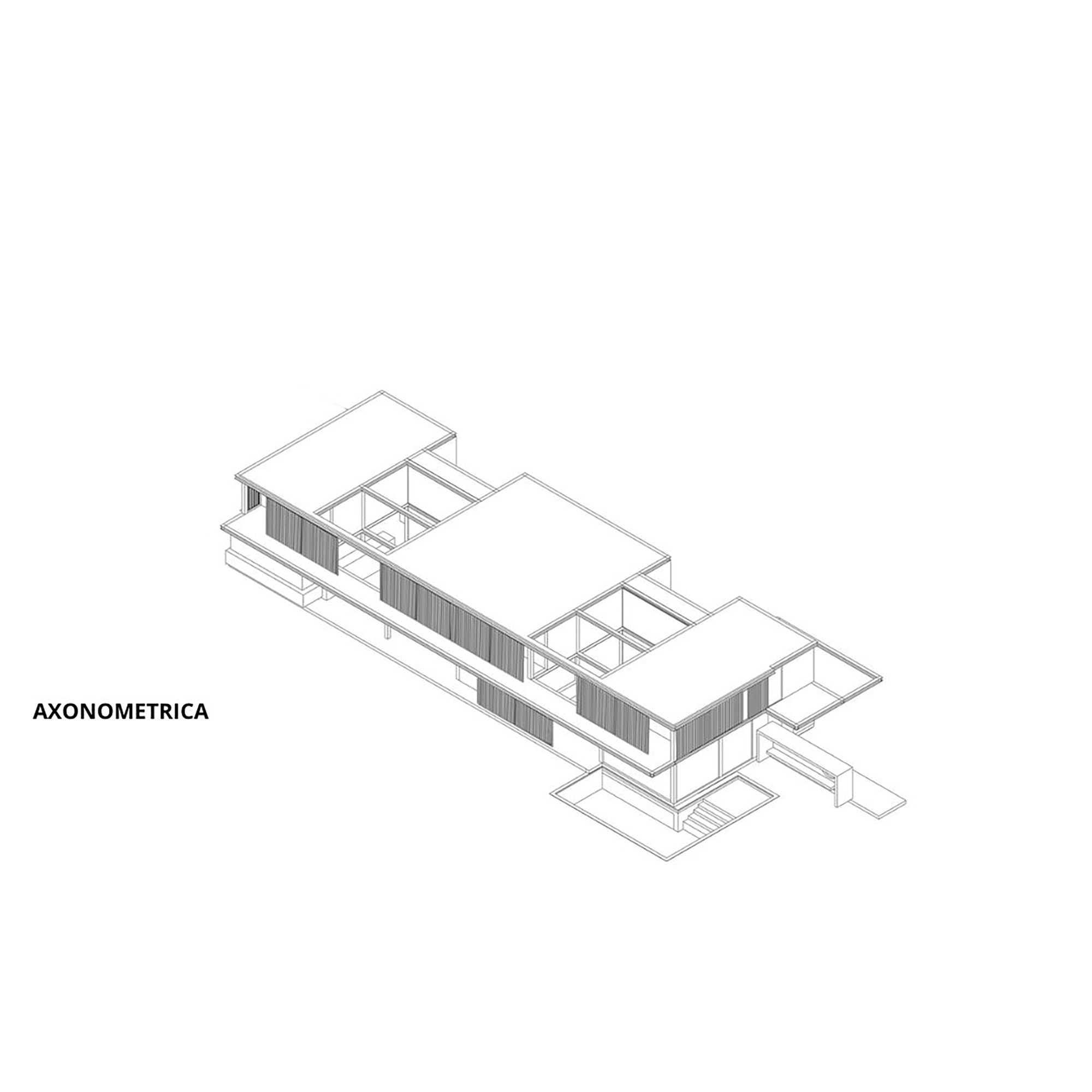 Axonometric drawing showing a linear two-story structure with three flat-roofed pavilions and vertical screening panels
