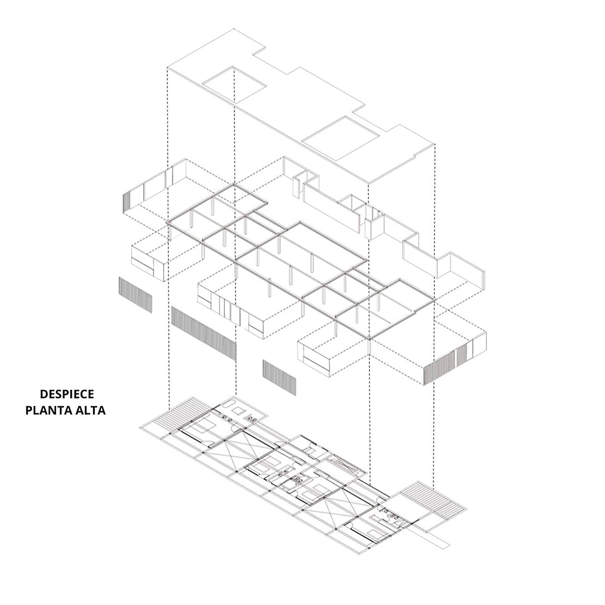 Exploded axonometric drawing showing the upper level floor plan separated from the structural frame below