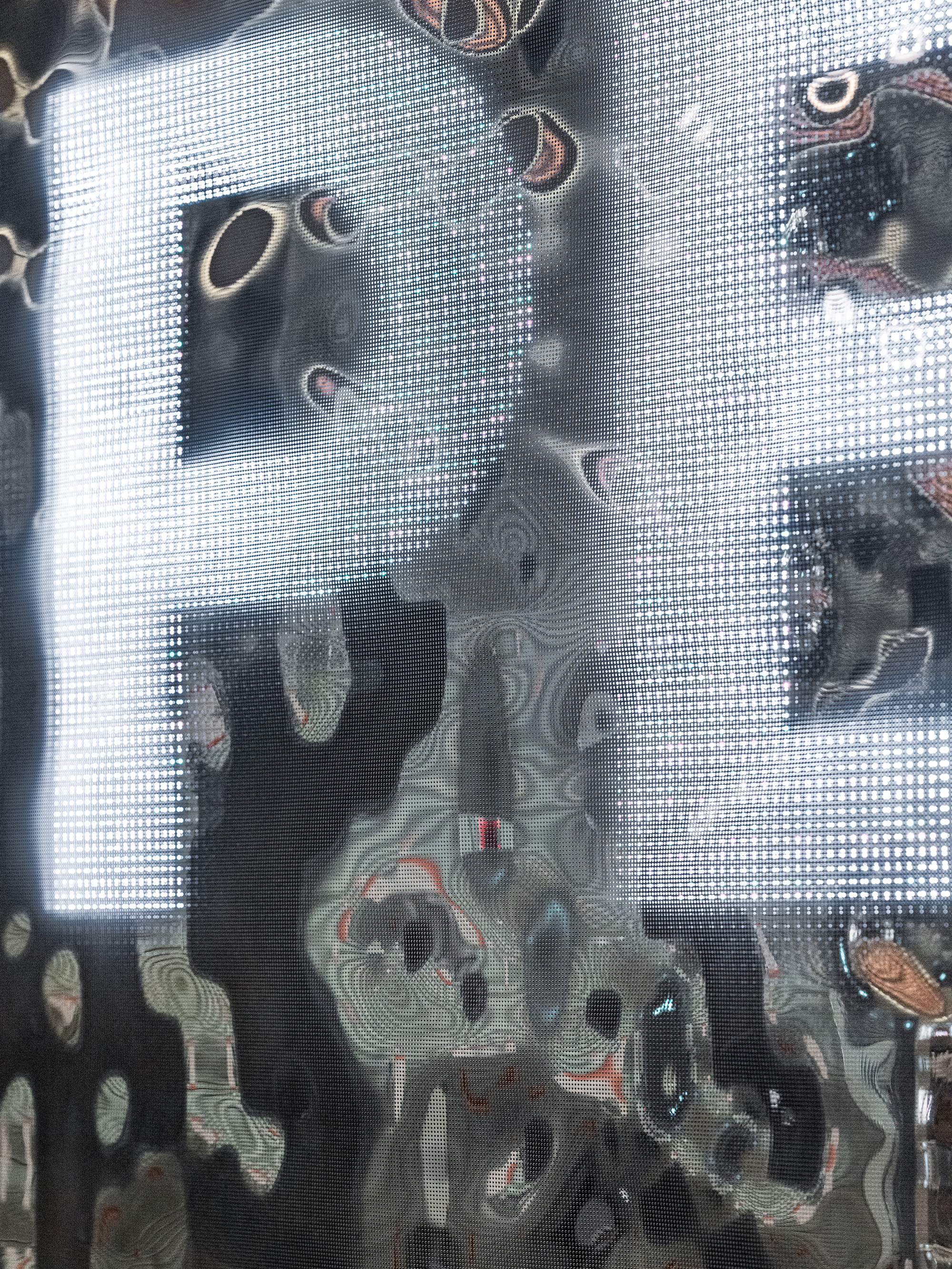 Reflection through perforated metal mesh screen showing distorted silhouette of a figure