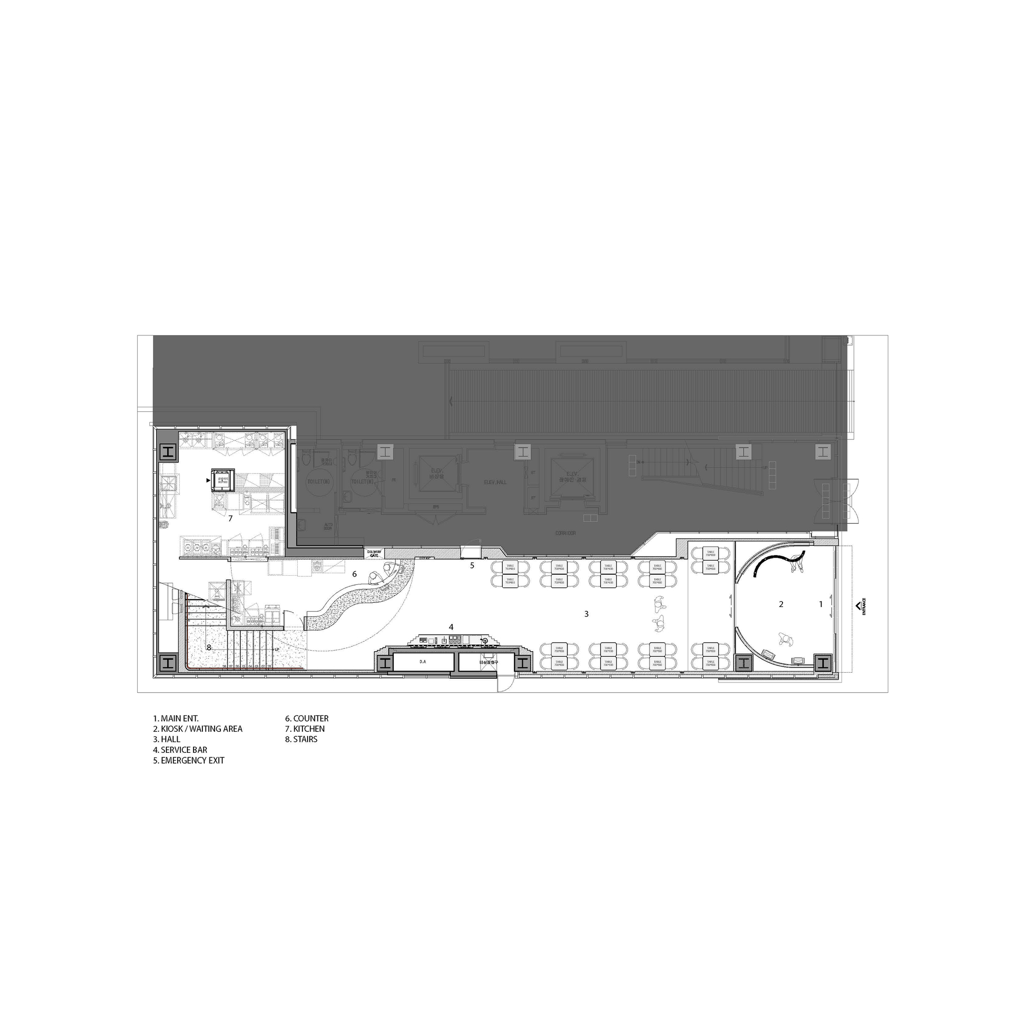 Floor plan drawing showing a restaurant layout with curved service bar and booth seating along perimeter
