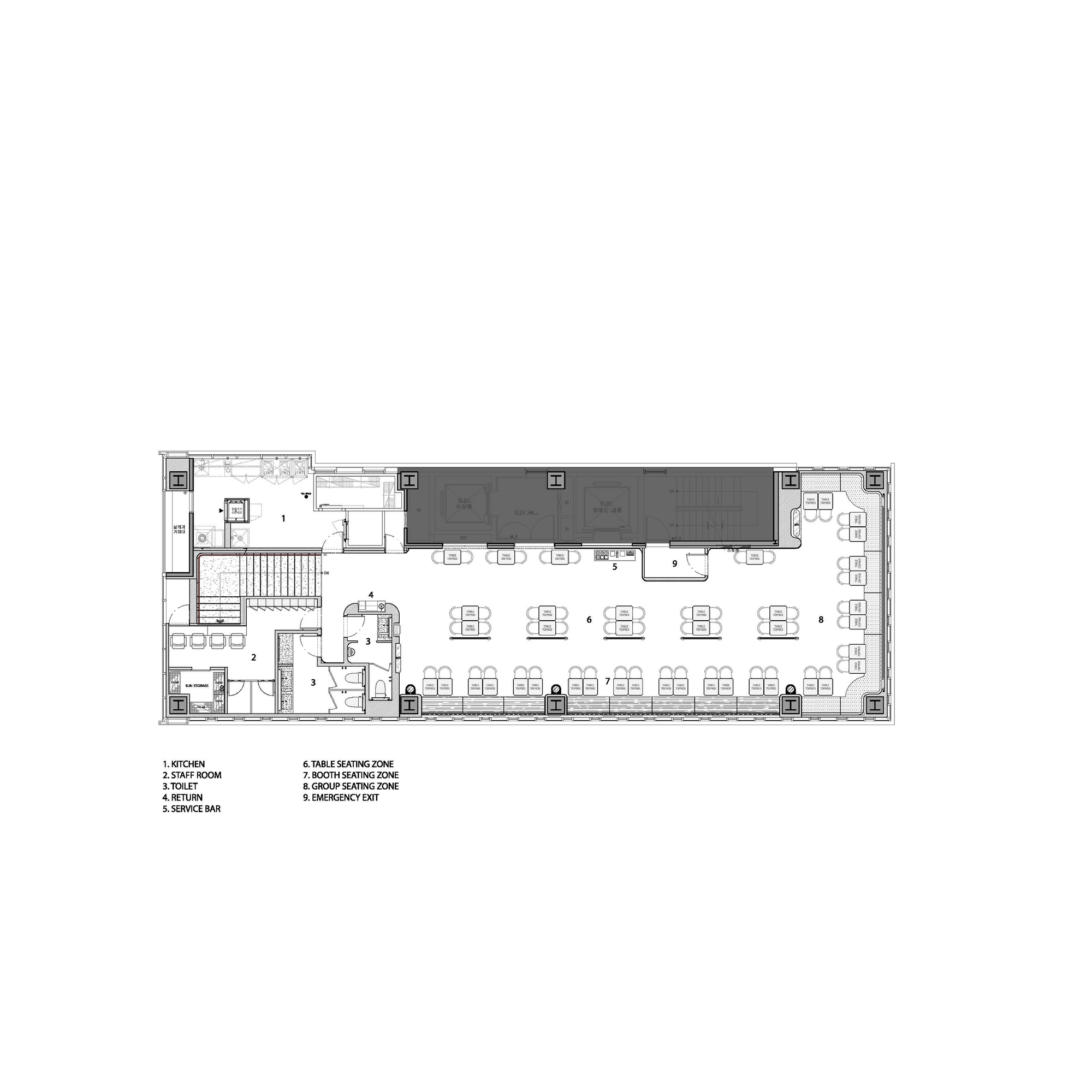 Floor plan drawing showing a dining hall with rows of tables and central kitchen zone