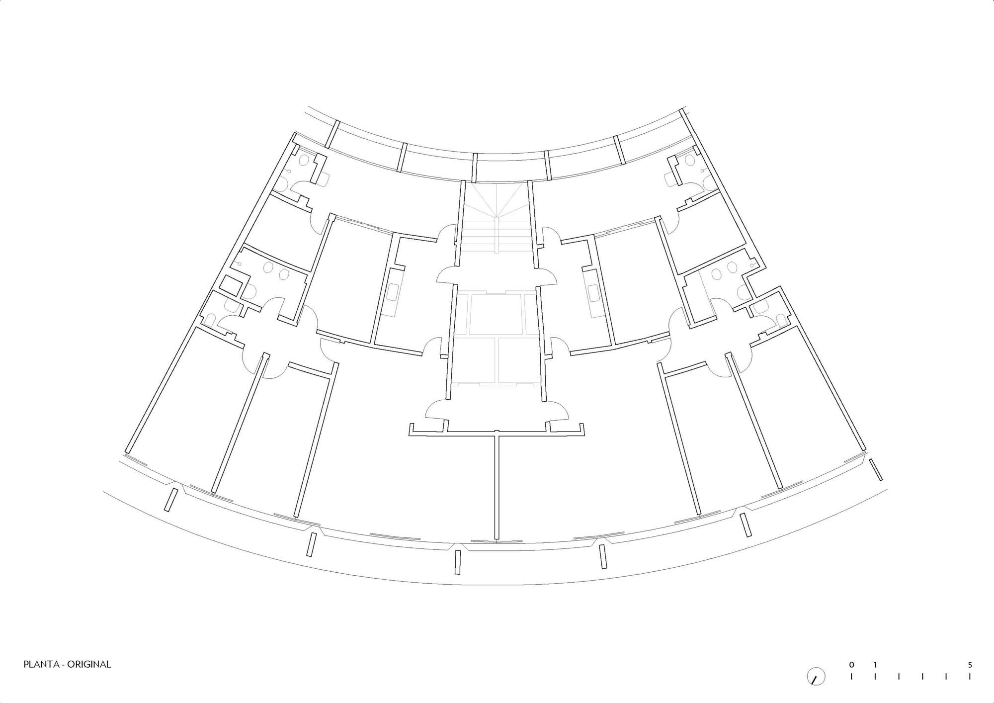 Floor plan drawing of a curved building with central core and symmetrical wing arrangement