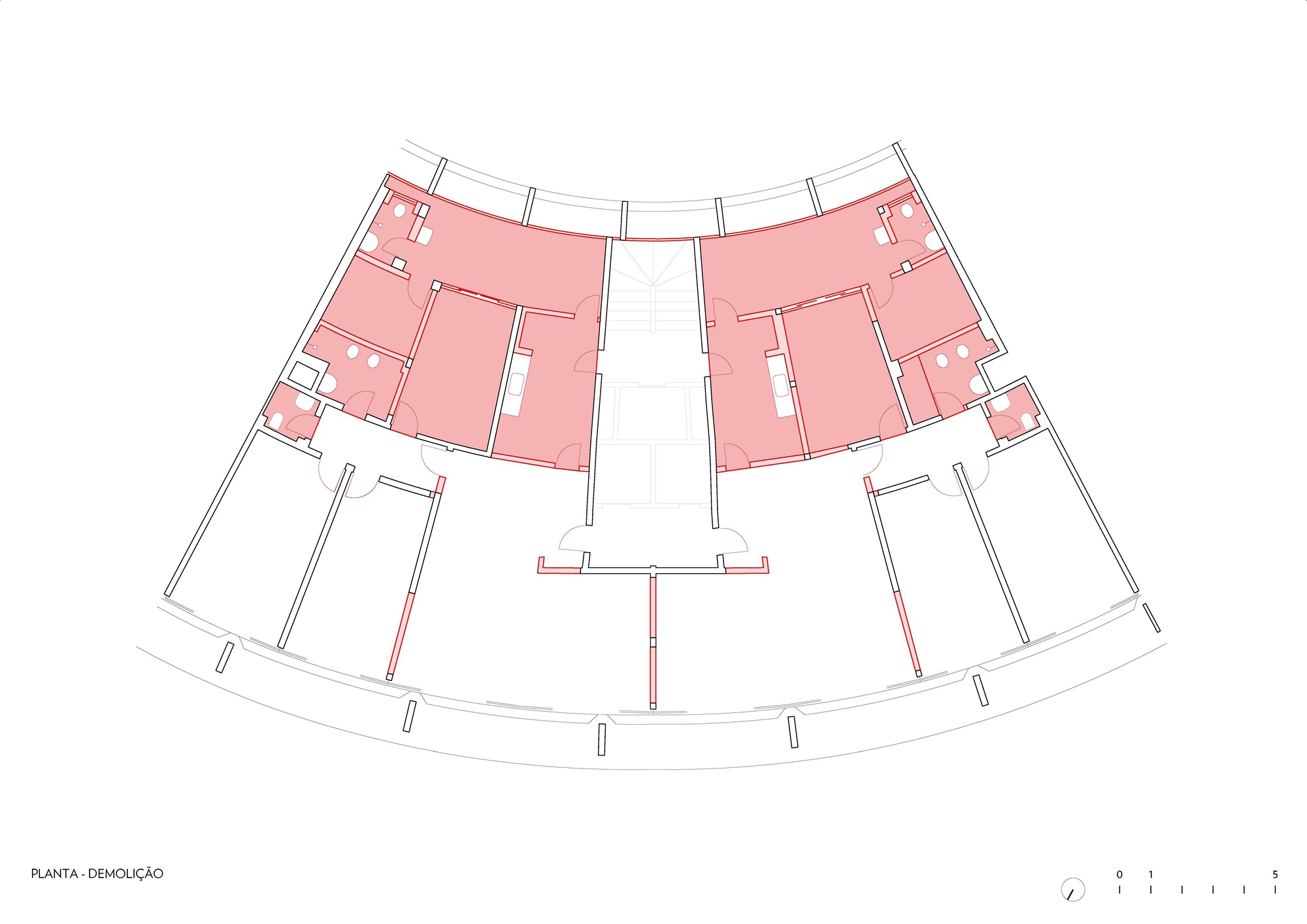 Demolition plan drawing highlighting upper floor units to be removed in pink shading