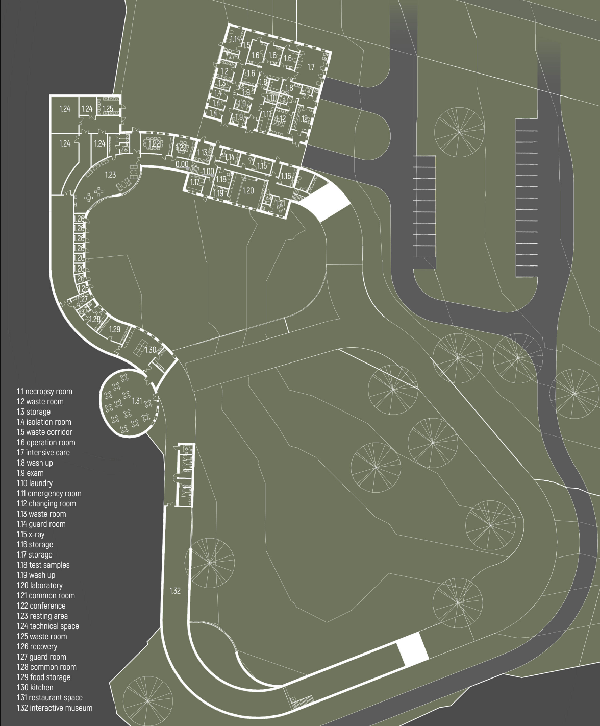 Detailed floor plan illustrating the integrated veterinary hospital, rehabilitation facilities, museum, and visitor circulation path.