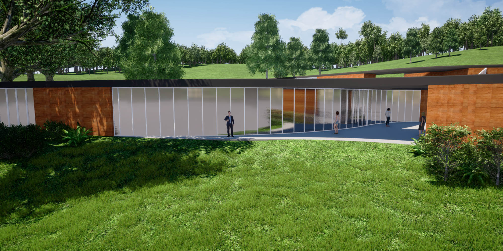 Transparent public entrance welcomes visitors into an immersive conservation and educational experience.