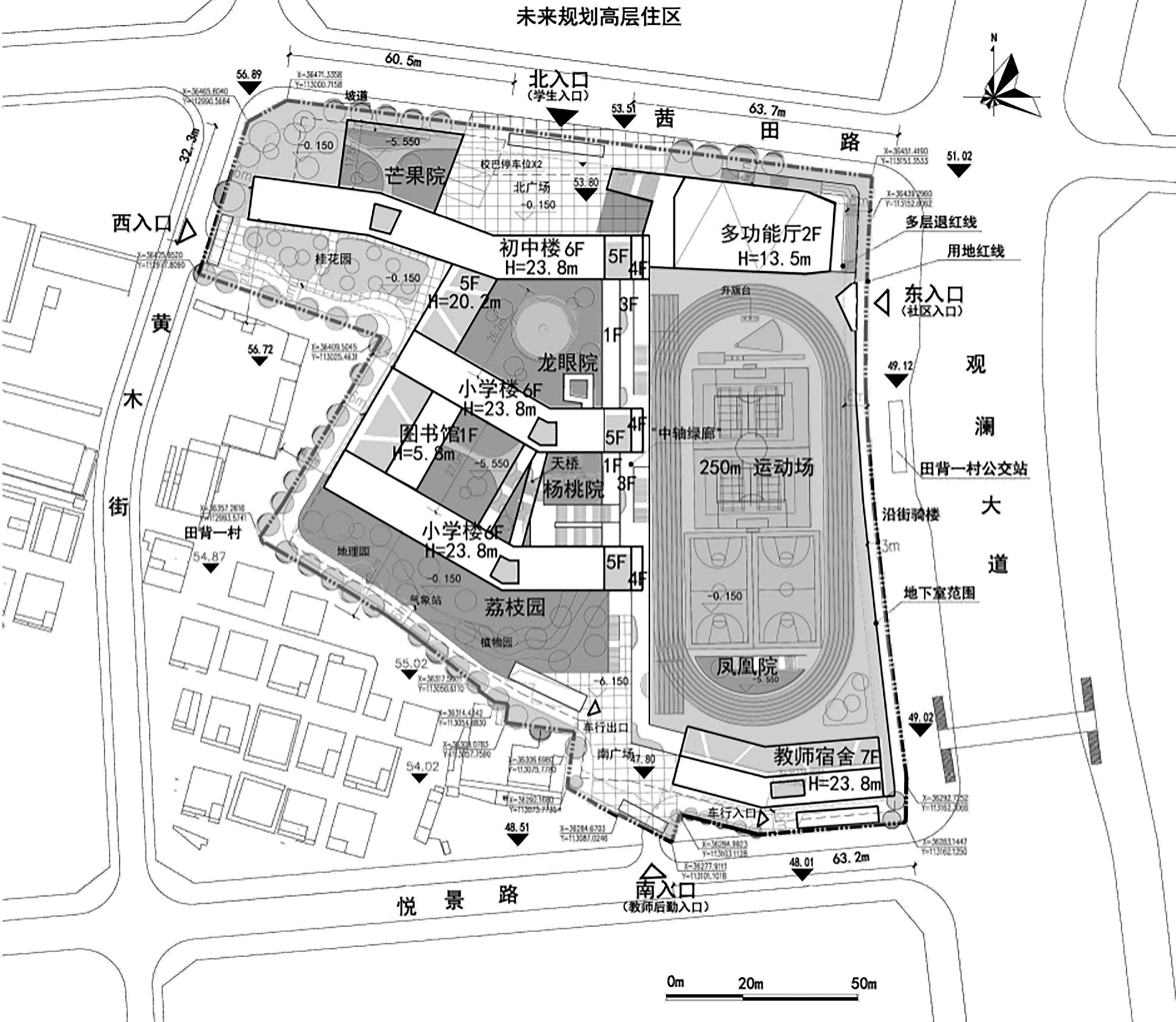 Site plan drawing showing the school layout with classrooms, sports track, and surrounding streets