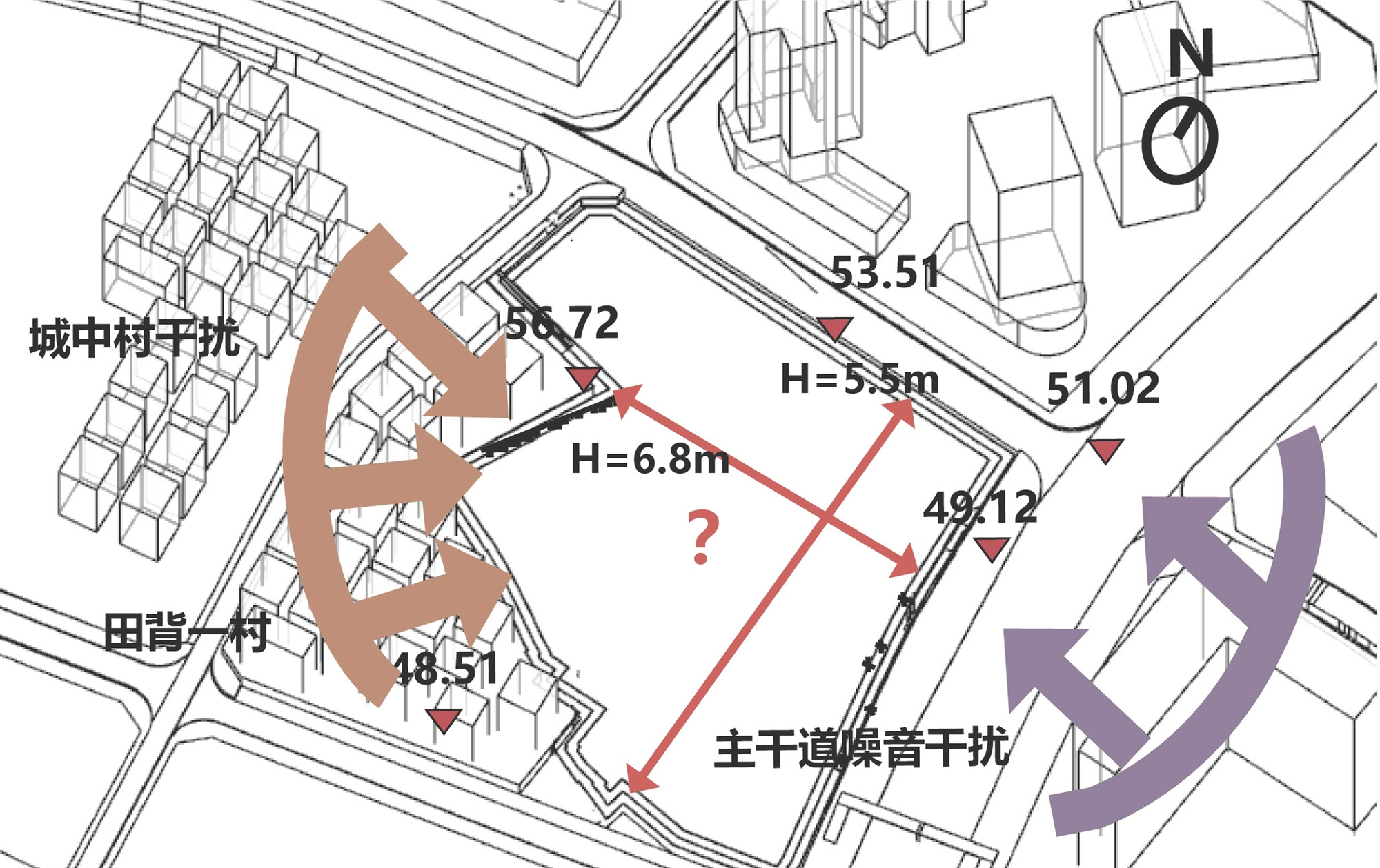 Axonometric site diagram with red arrows indicating building heights and circulation between adjacent structures