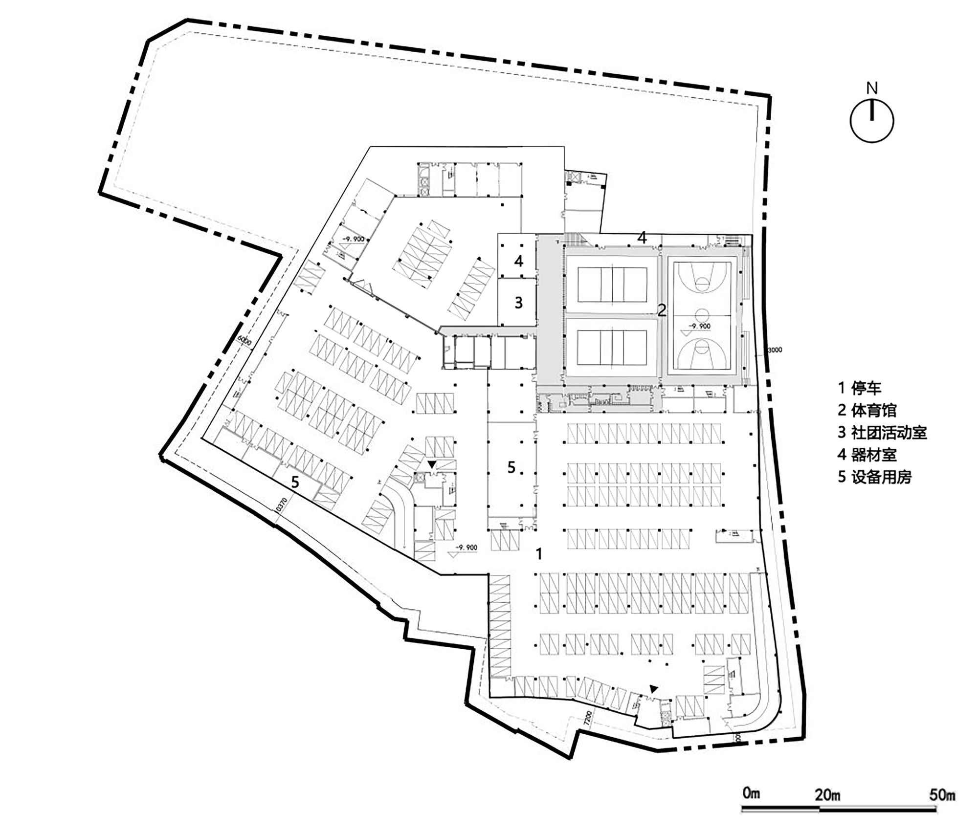 Floor plan showing parking areas with angled bays, sports courts, and auxiliary program spaces