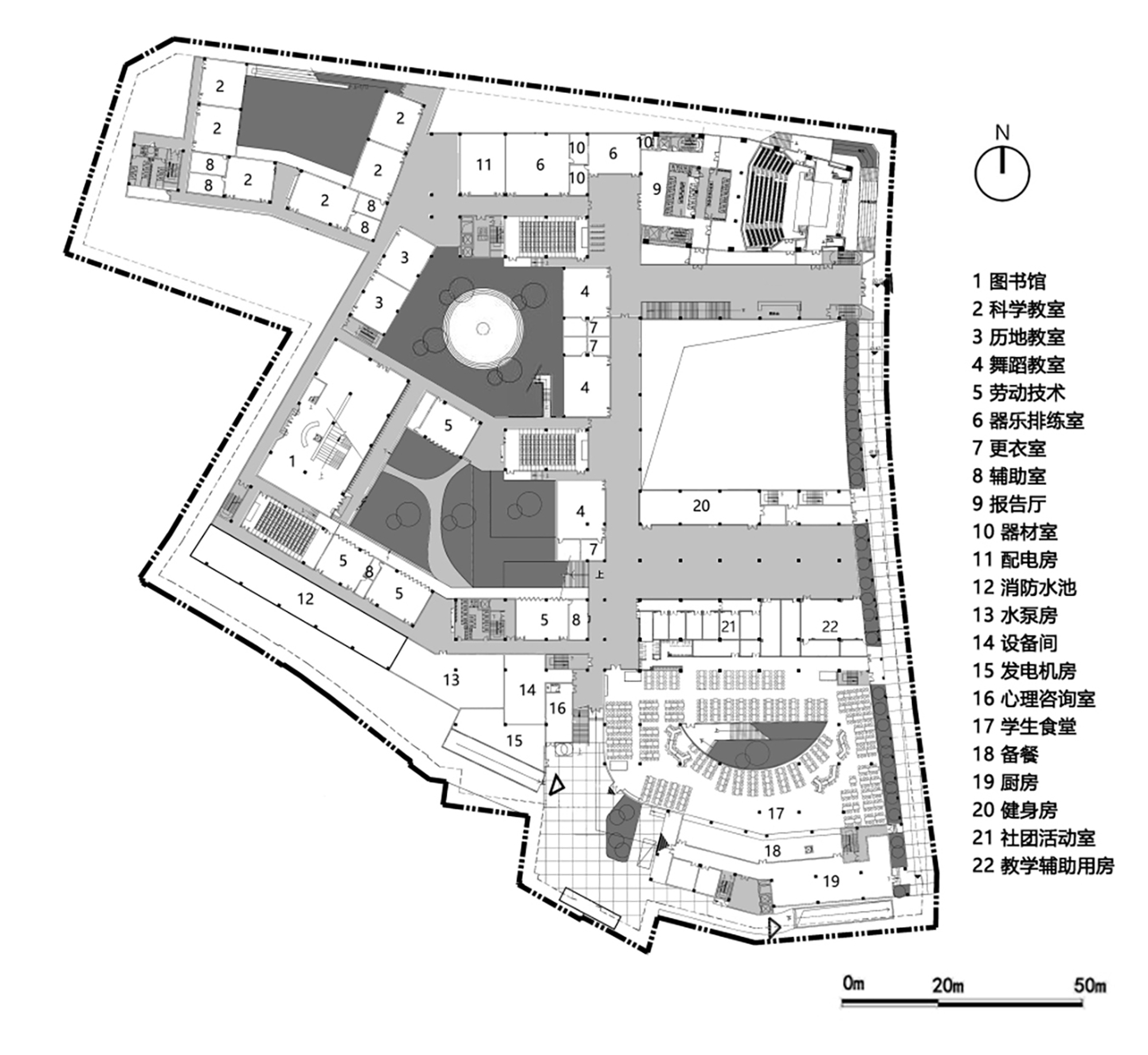 Floor plan with central circular element and numbered rooms radiating around darker gray gathering spaces
