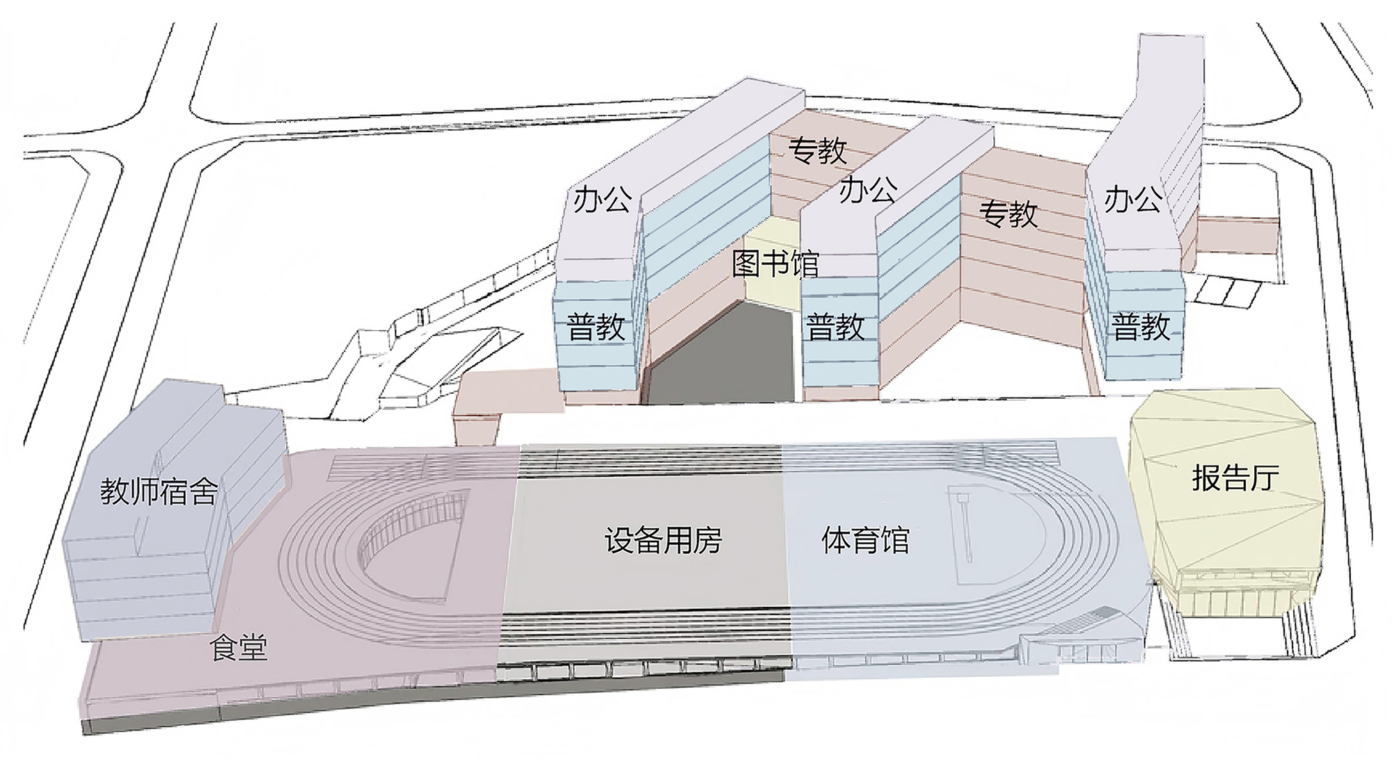 This architectural image presents a site plan of a campus, likely a school or educational institution, rendered in an axonometric projection. The plan showcases