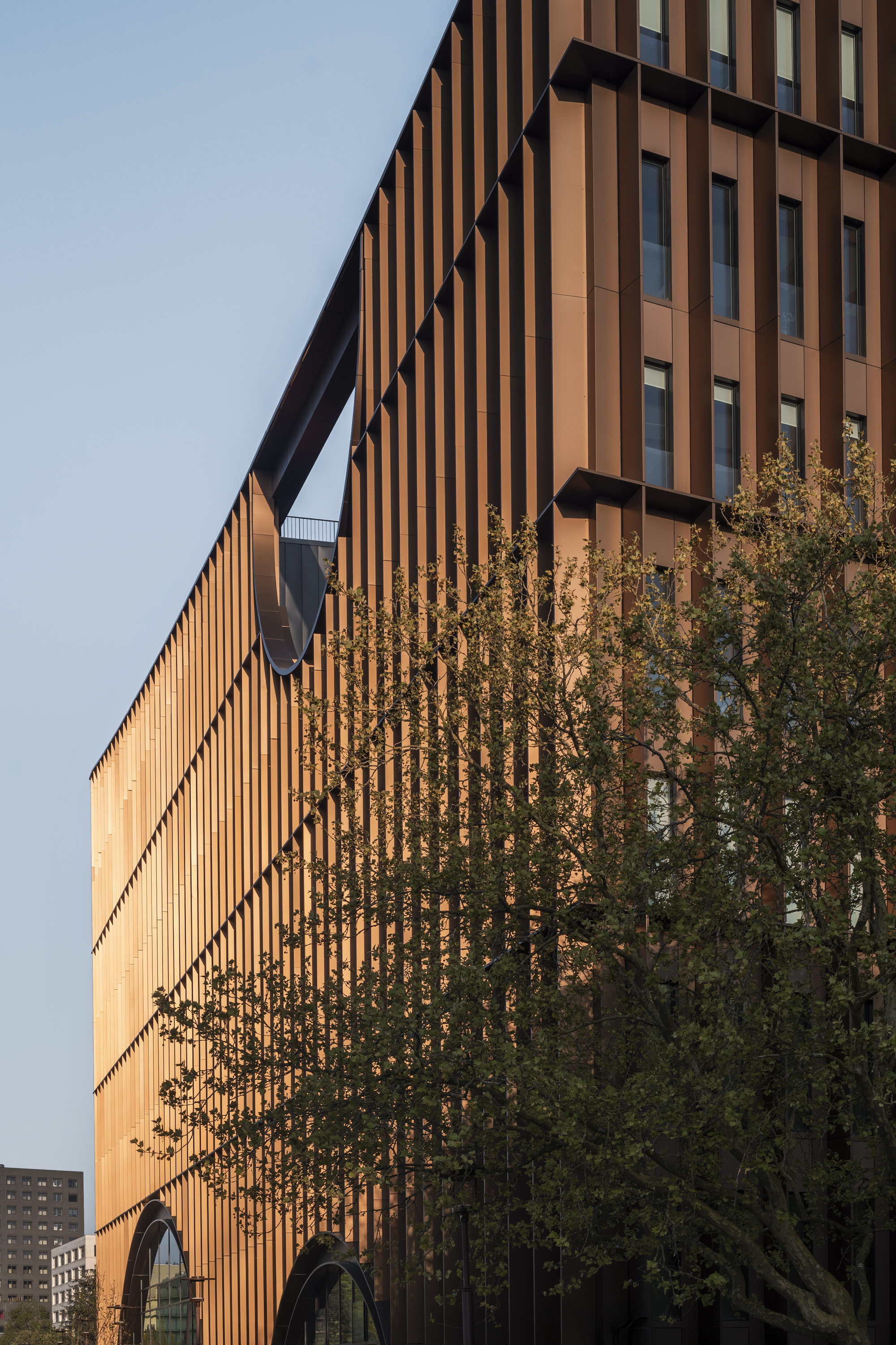 Angled view of the vertical slat facade with a tree partially obscuring the arched entry