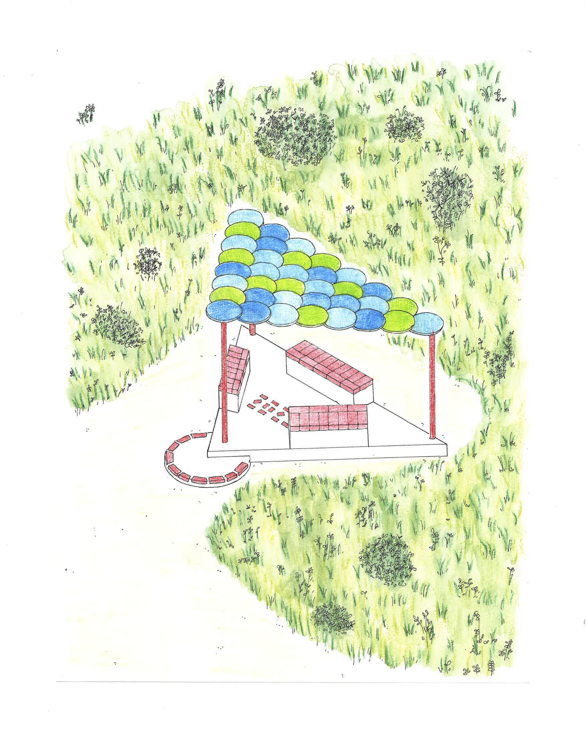 Sketch of a structure with a scalloped barrel canopy set in a grassy field with trees