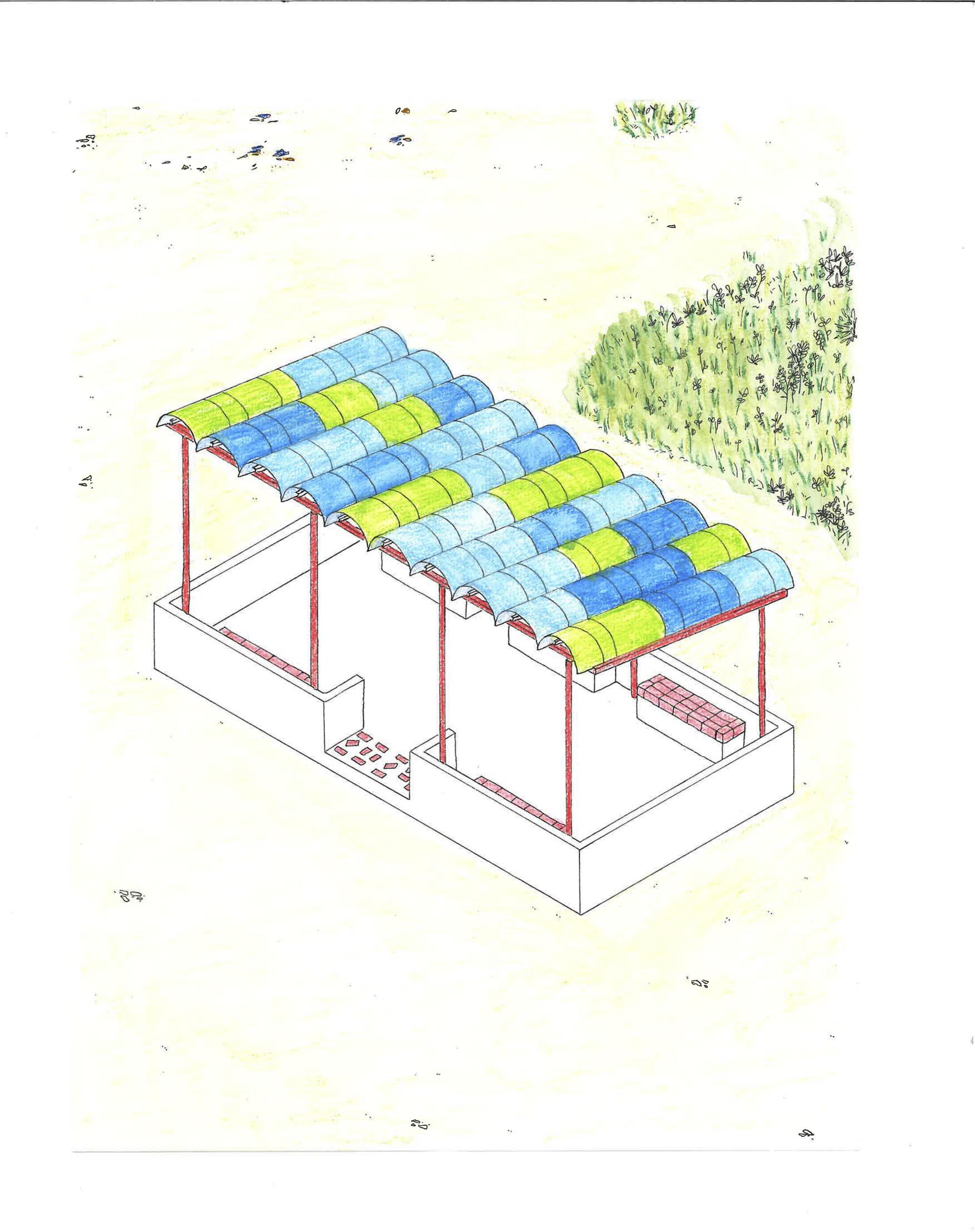 Axonometric drawing showing a barrel roof of colored cylinders supported by red steel columns