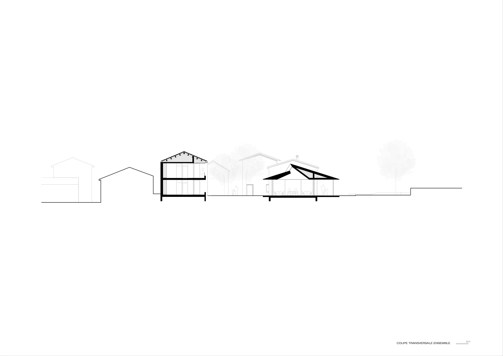 Section drawing showing varying roof profiles and floor levels across multiple connected structures