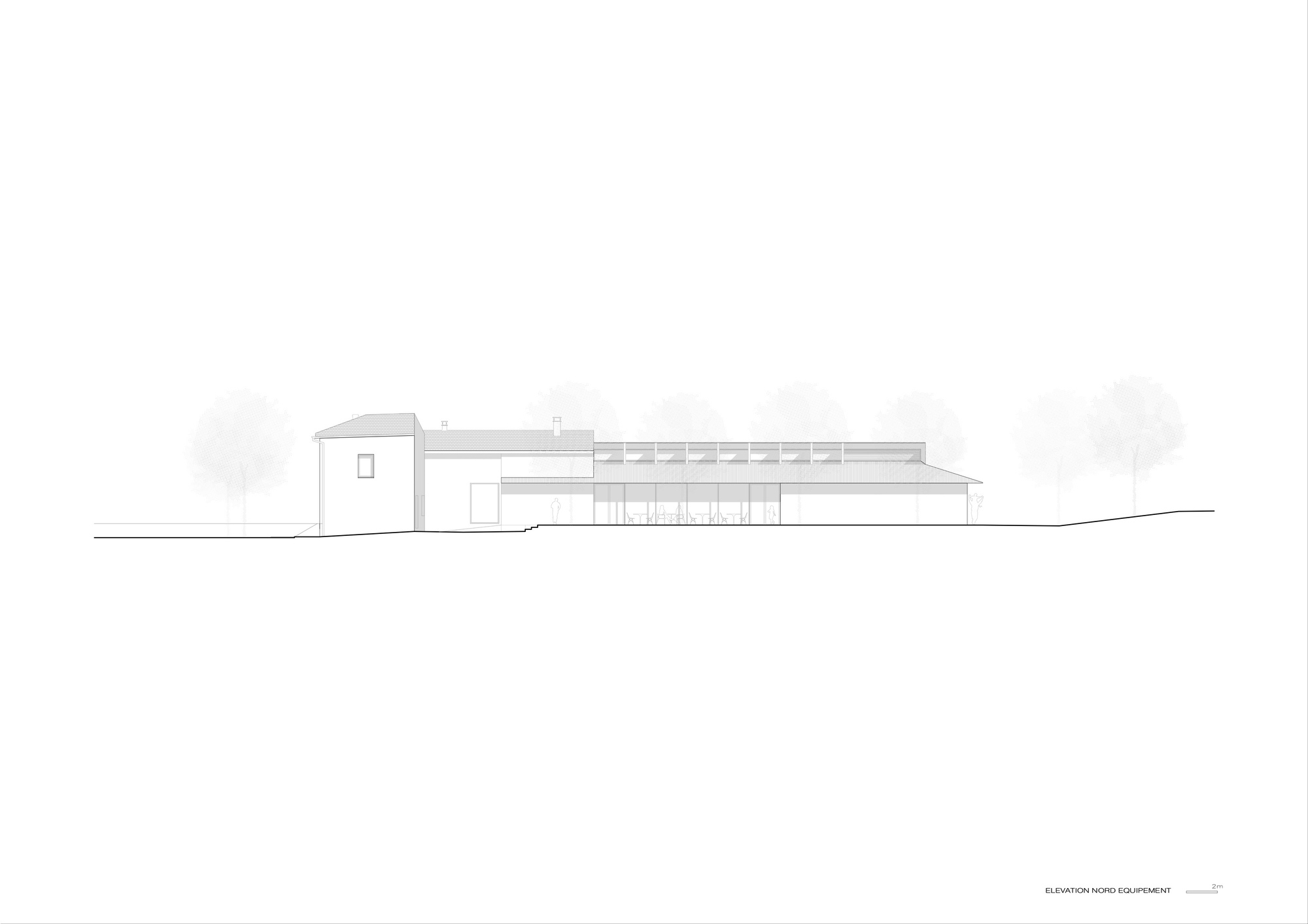 North elevation drawing showing a low horizontal volume with a tower element and surrounding trees