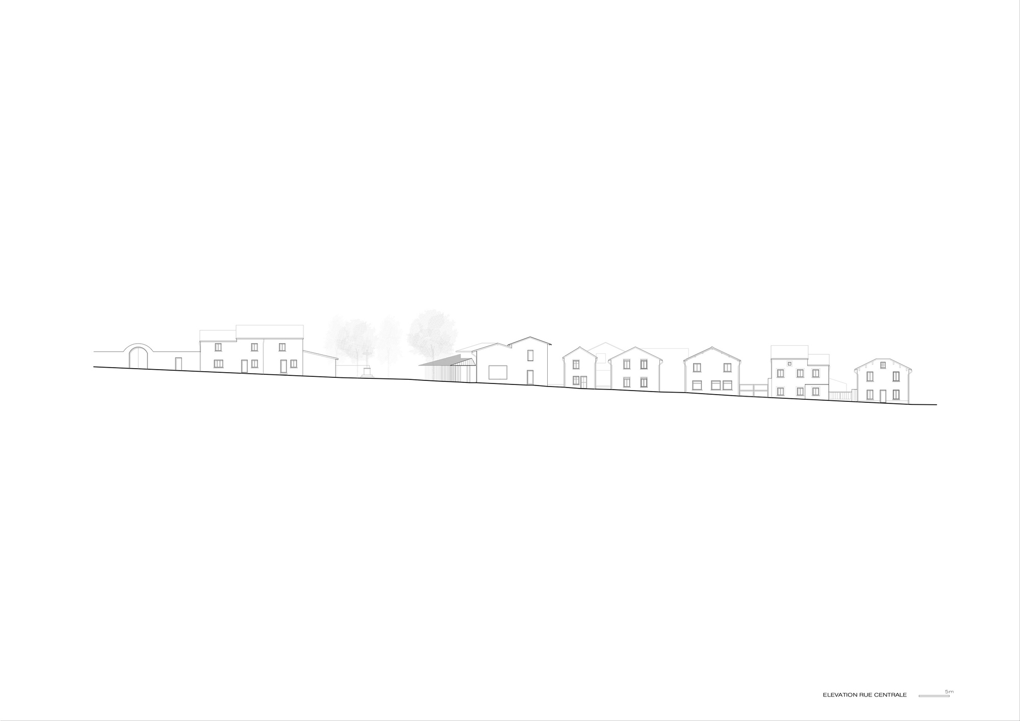 Central elevation drawing depicting a row of residential volumes along a sloping site with trees
