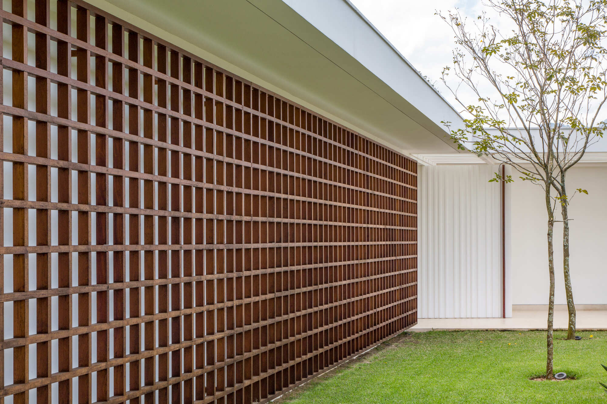 Perforated terracotta brick screen wall beside white vertical slats and a young tree in lawn