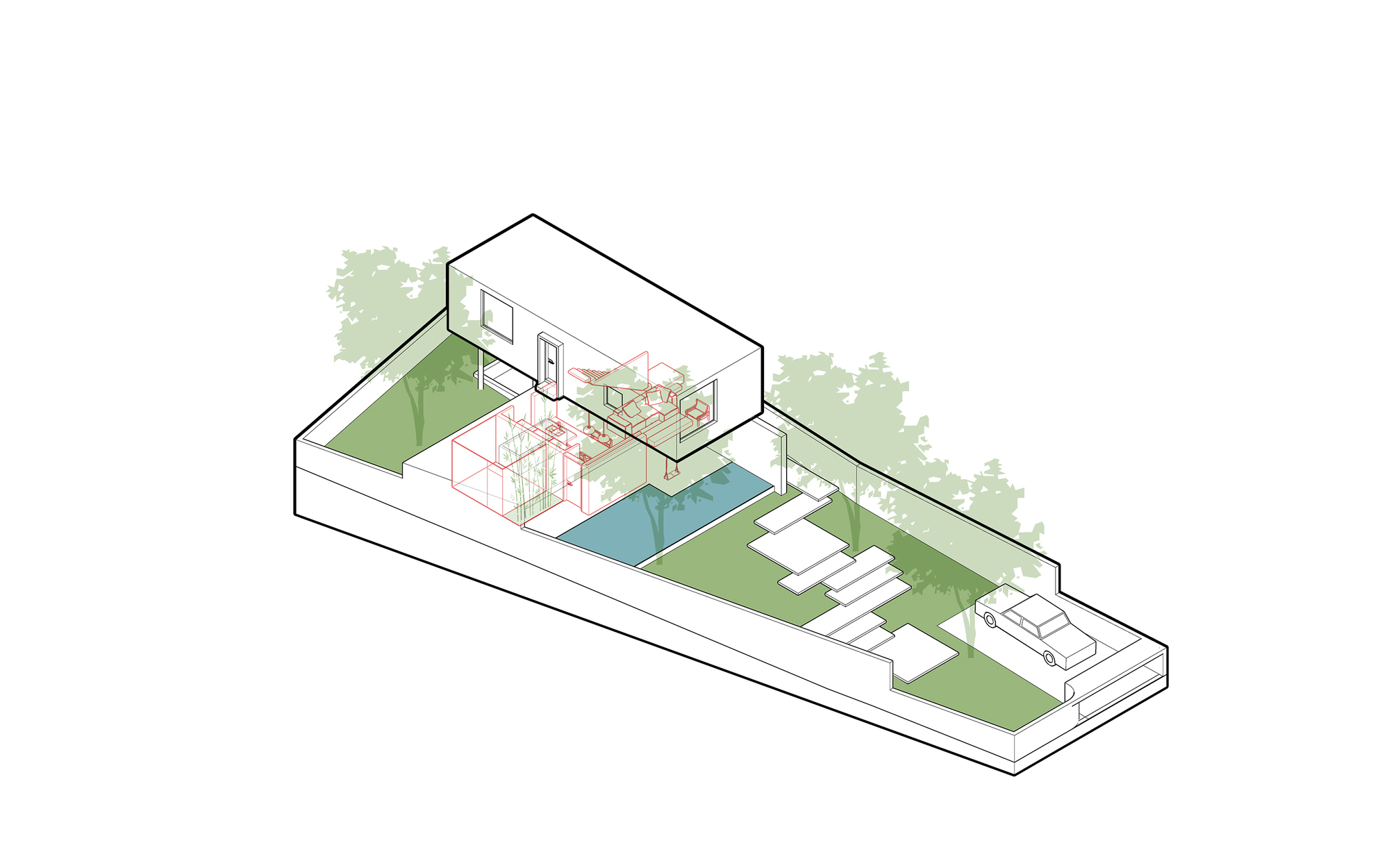 Axonometric drawing showing stepped courtyard sequence with pool and planted zones