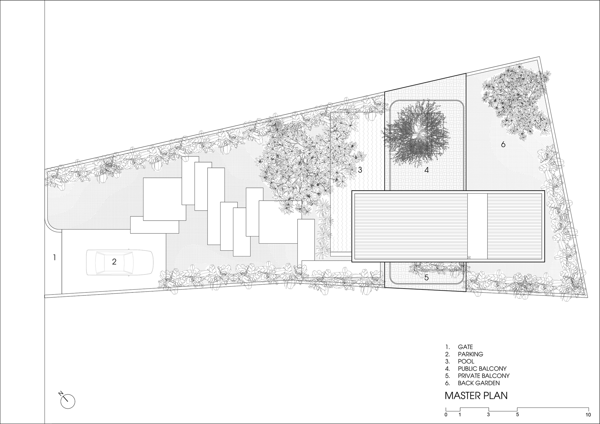 Master plan drawing showing site layout with pool, parking area, and landscaped perimeter