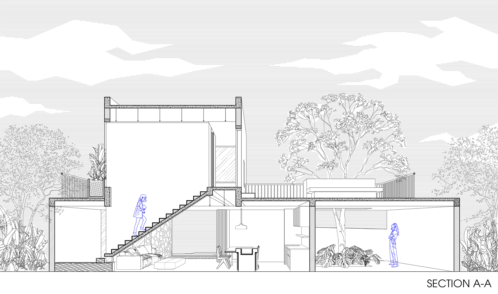 Section drawing revealing split-level spaces with an internal staircase and surrounding trees